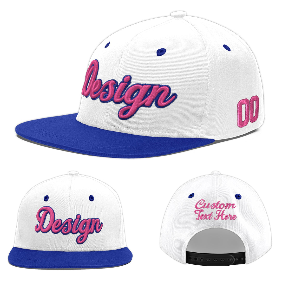 Custom White Royal Blue 3D Puff Embroidery Flat Embroidery Casual Sport Baseball Cap