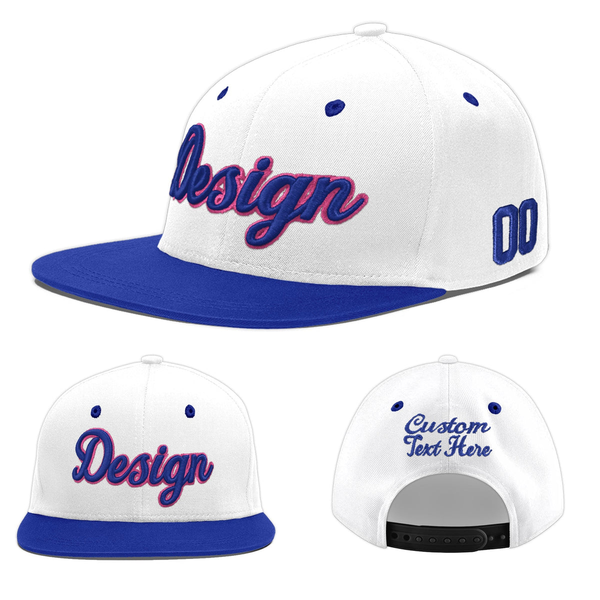 Custom White Royal Blue 3D Puff Embroidery Flat Embroidery Casual Sport Baseball Cap