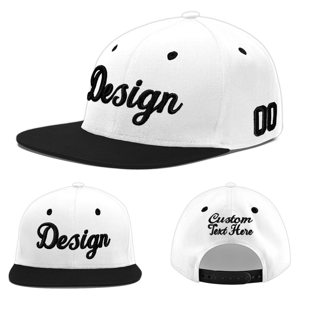 Custom White Black 3D Puff Embroidery Flat Embroidery Casual Sport Baseball Cap