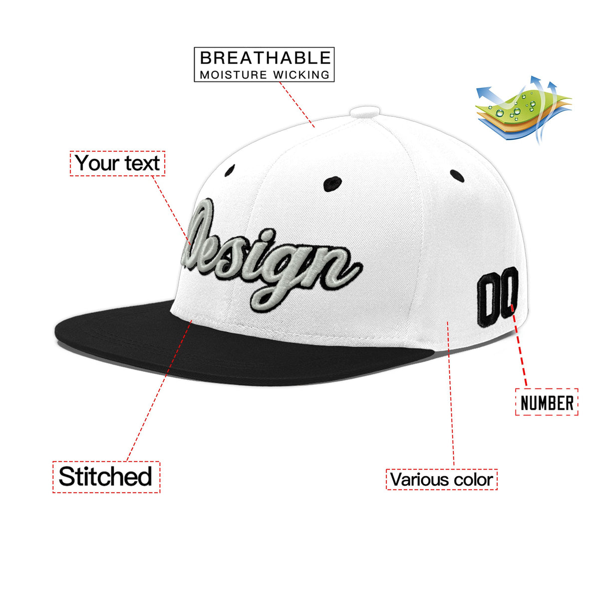 Custom White Black 3D Puff Embroidery Flat Embroidery Casual Sport Baseball Cap