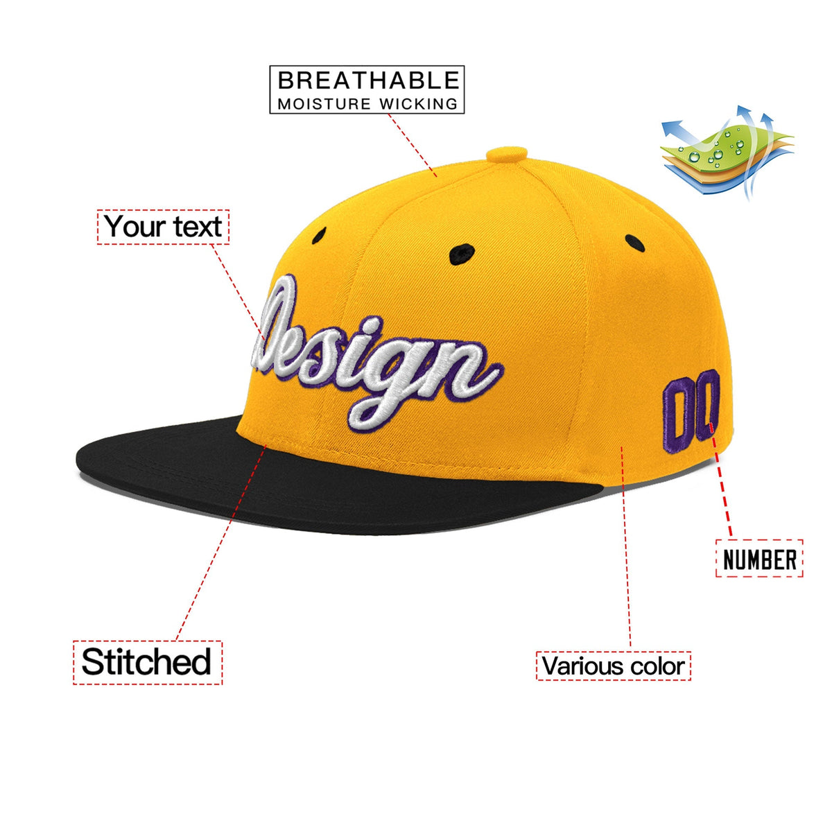 Custom Gold Black 3D Puff Embroidery Flat Embroidery Casual Sport Baseball Cap