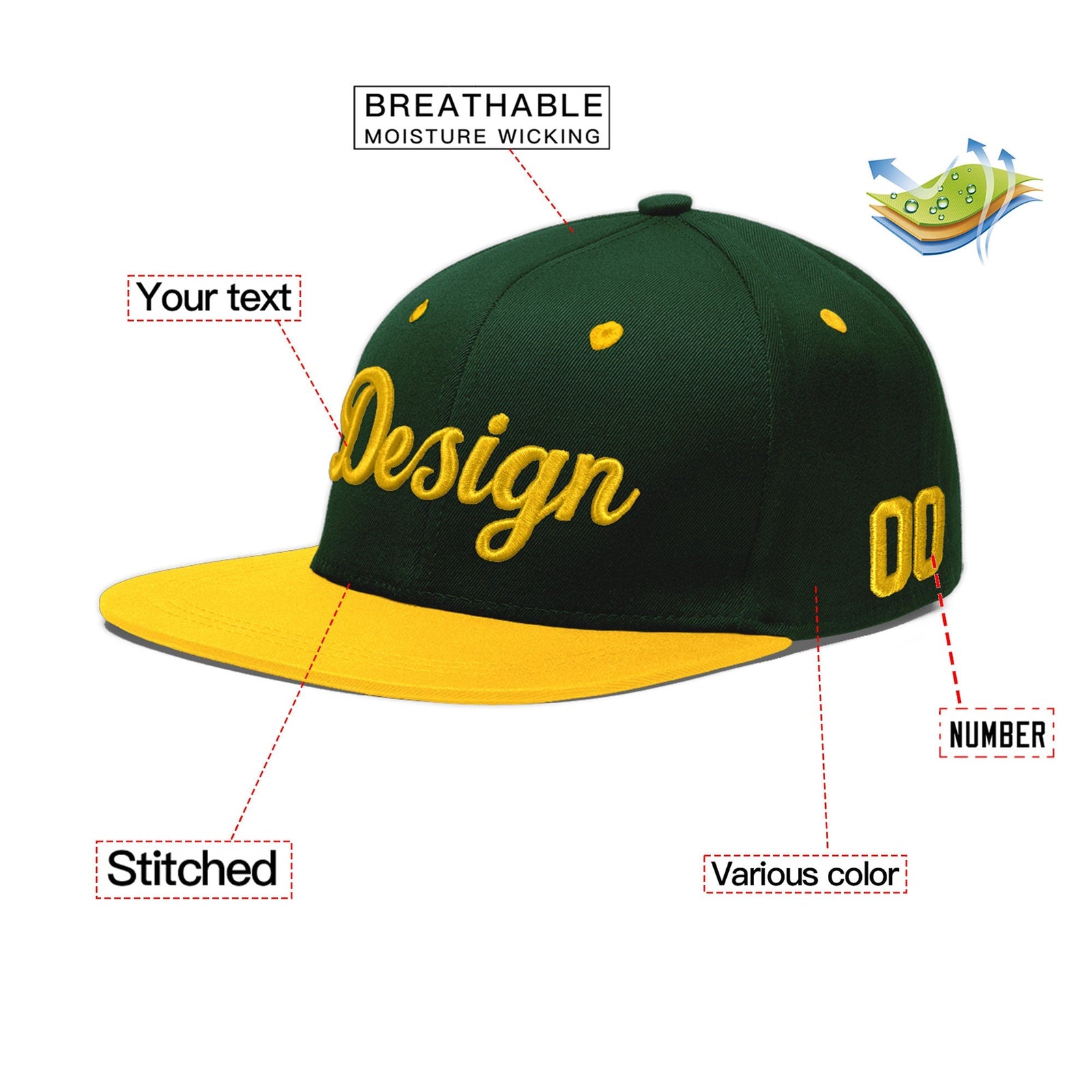 Custom Green Gold 3D Puff Embroidery Flat Embroidery Casual Sport Baseball Cap