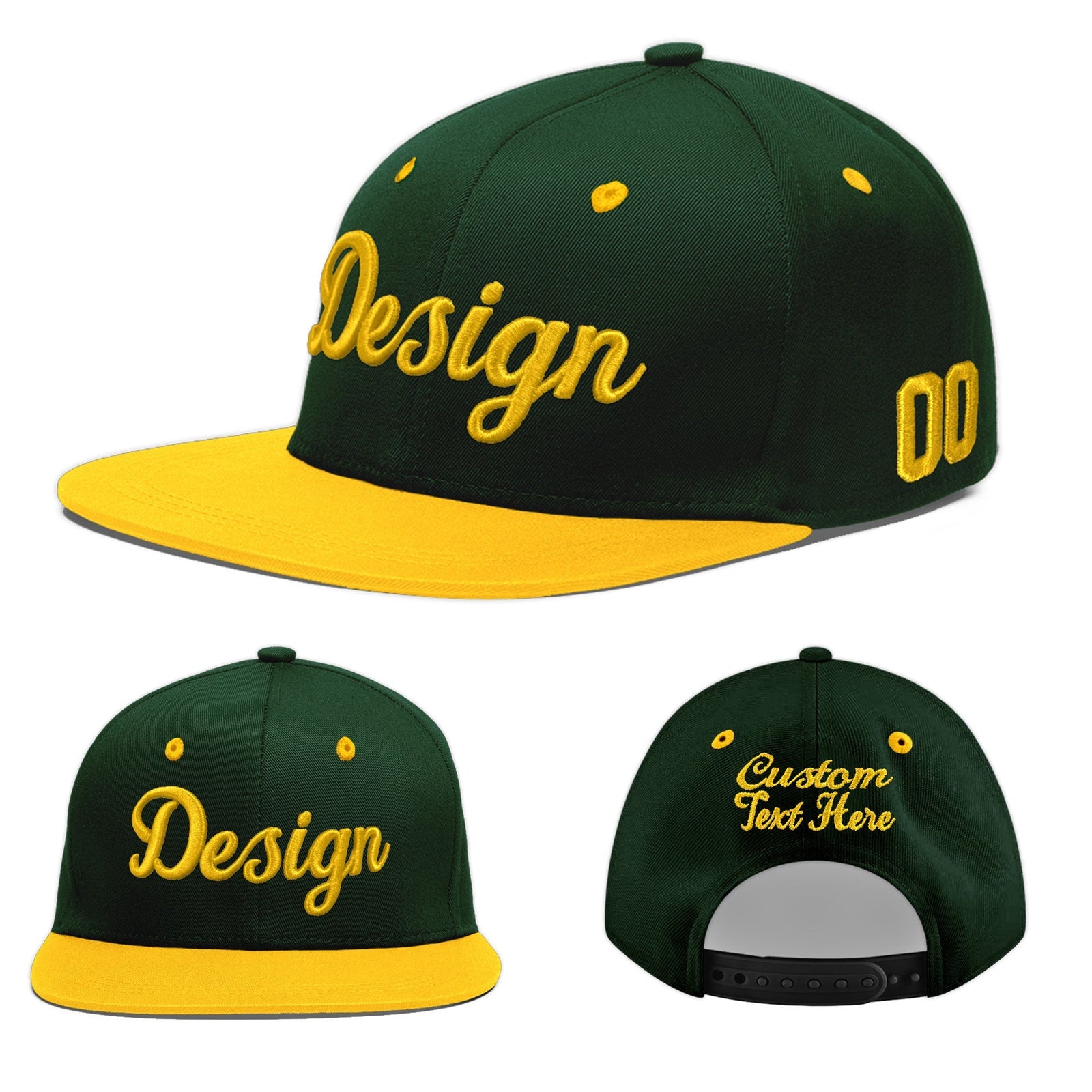 Custom Green Gold 3D Puff Embroidery Flat Embroidery Casual Sport Baseball Cap