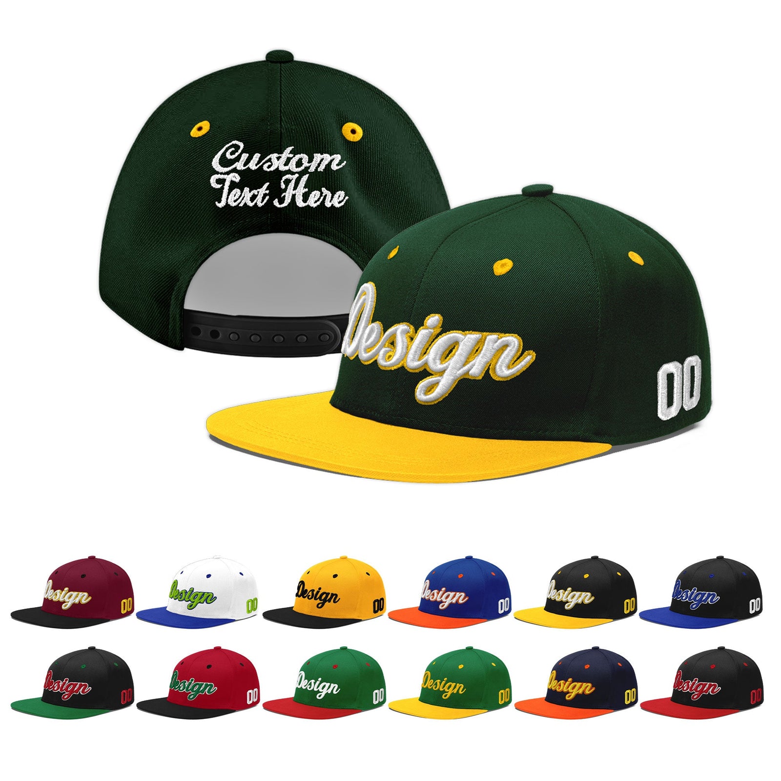Custom Green Gold 3D Puff Embroidery Flat Embroidery Casual Sport Baseball Cap