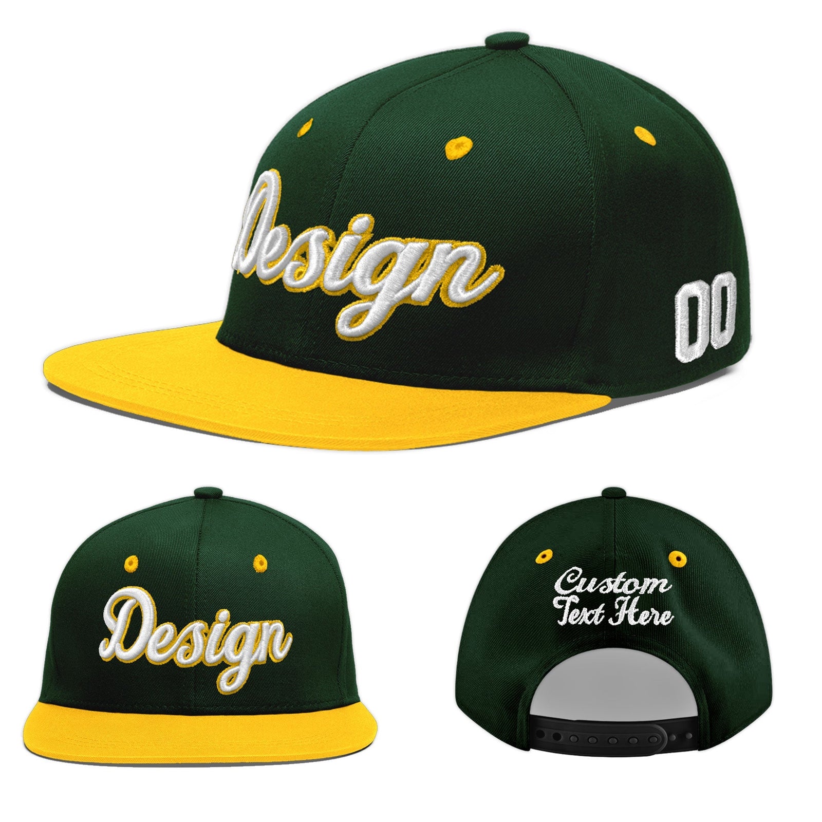 Custom Green Gold 3D Puff Embroidery Flat Embroidery Casual Sport Baseball Cap