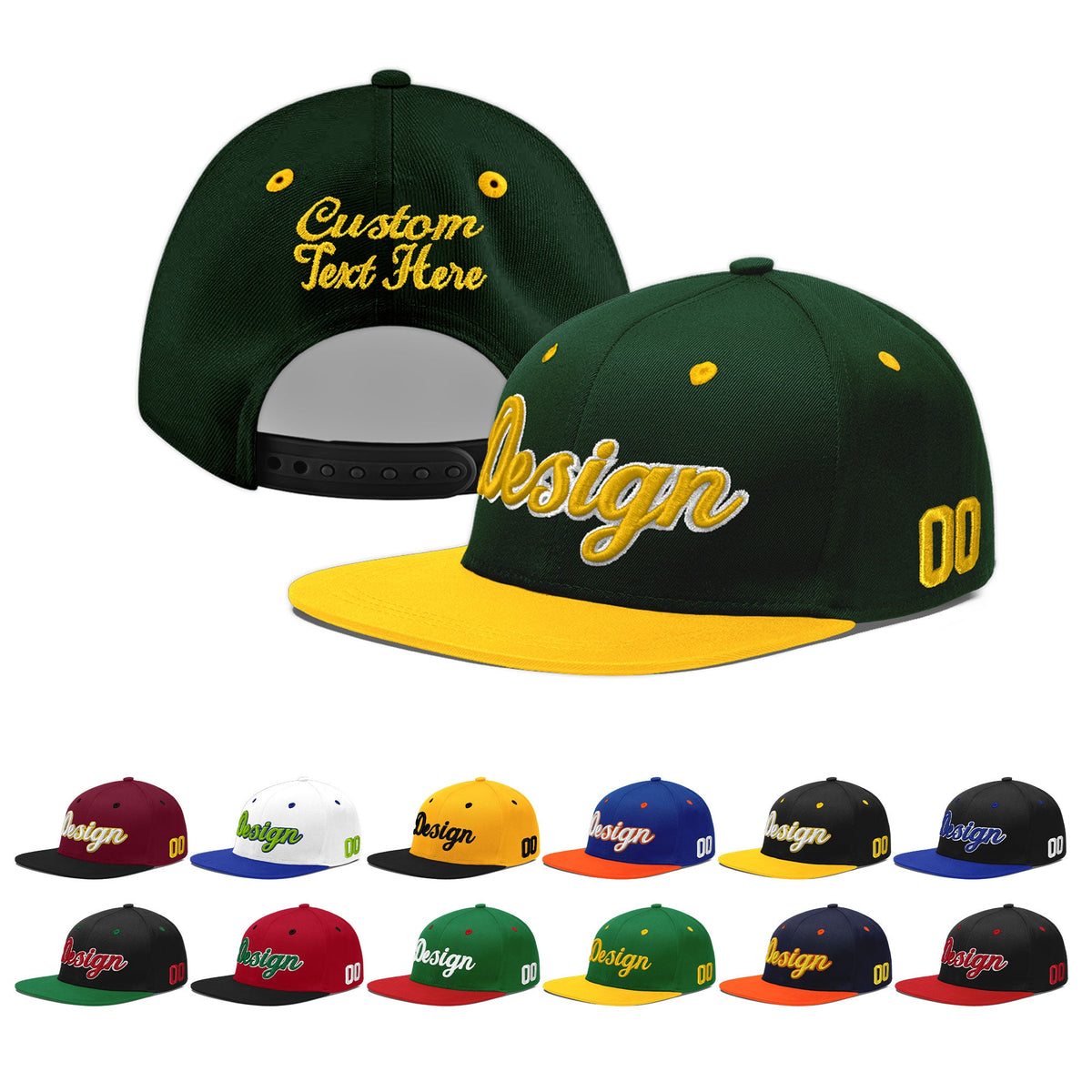 Custom Green Gold 3D Puff Embroidery Flat Embroidery Casual Sport Baseball Cap