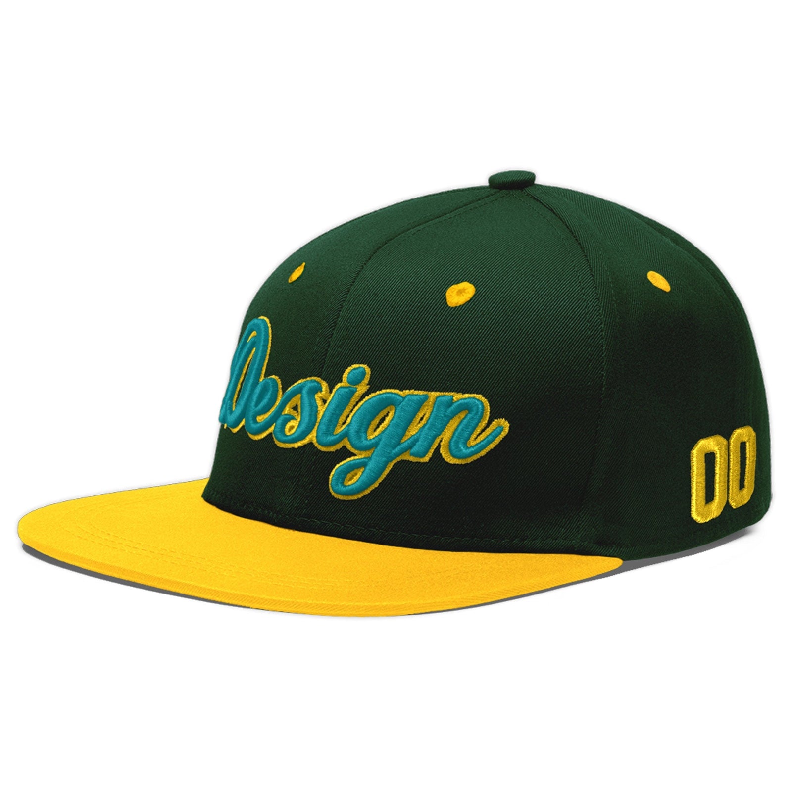 Custom Green Gold 3D Puff Embroidery Flat Embroidery Casual Sport Baseball Cap