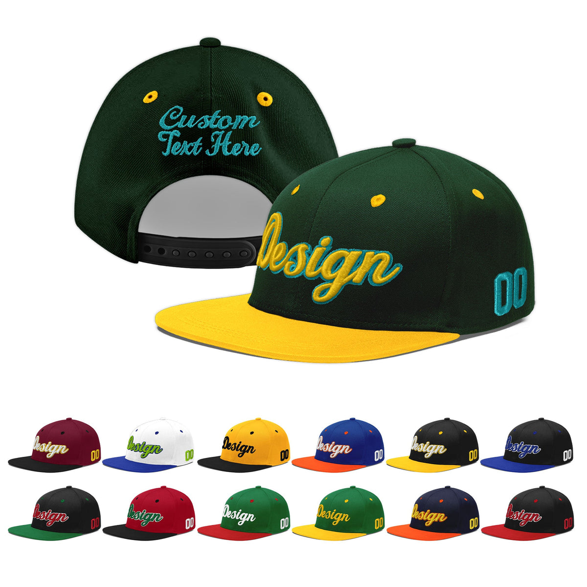 Custom Green Gold 3D Puff Embroidery Flat Embroidery Casual Sport Baseball Cap