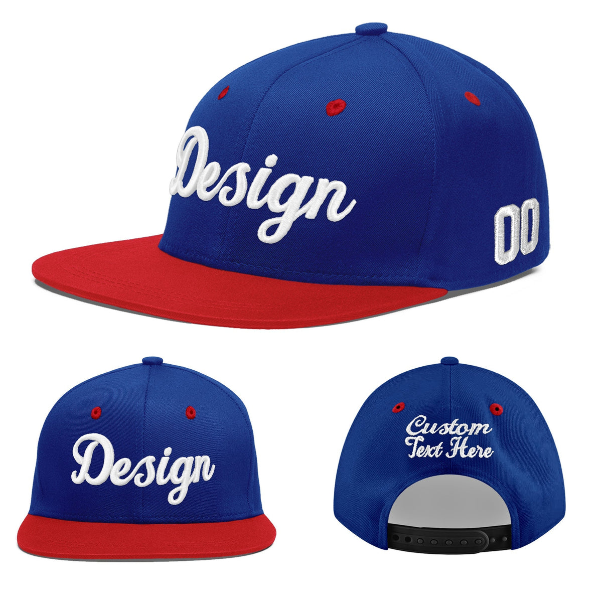 Custom Royal Blue Red 3D Puff Embroidery Flat Embroidery Casual Sport Baseball Cap