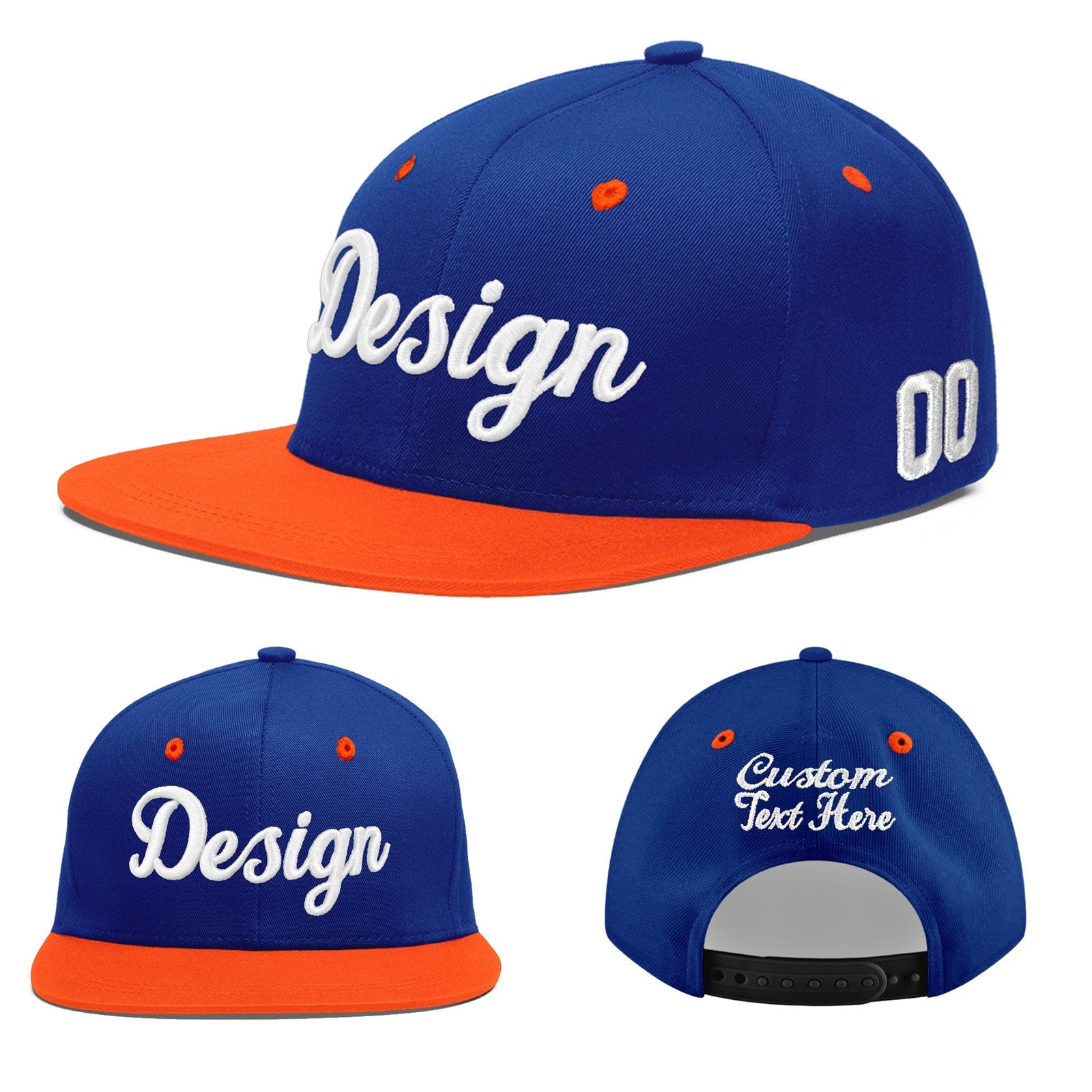 Custom Royal Blue Orange 3D Puff Embroidery Flat Embroidery Casual Sport Baseball Cap