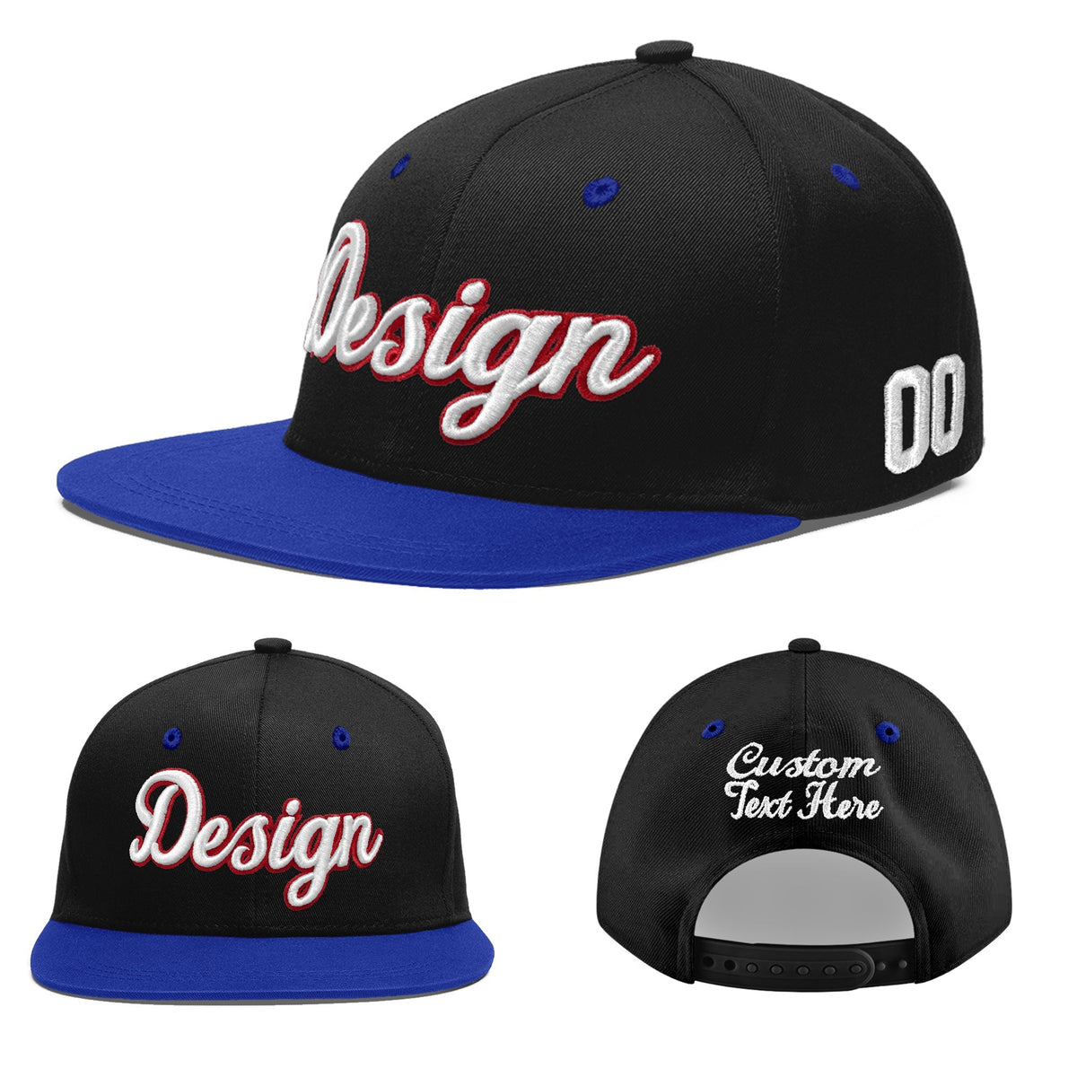 Custom Black Royal Blue 3D Puff Embroidery Flat Embroidery Casual Sport Baseball Cap