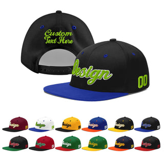 Custom Black Royal Blue 3D Puff Embroidery Flat Embroidery Casual Sport Baseball Cap - Style 1 / Neon Green&White