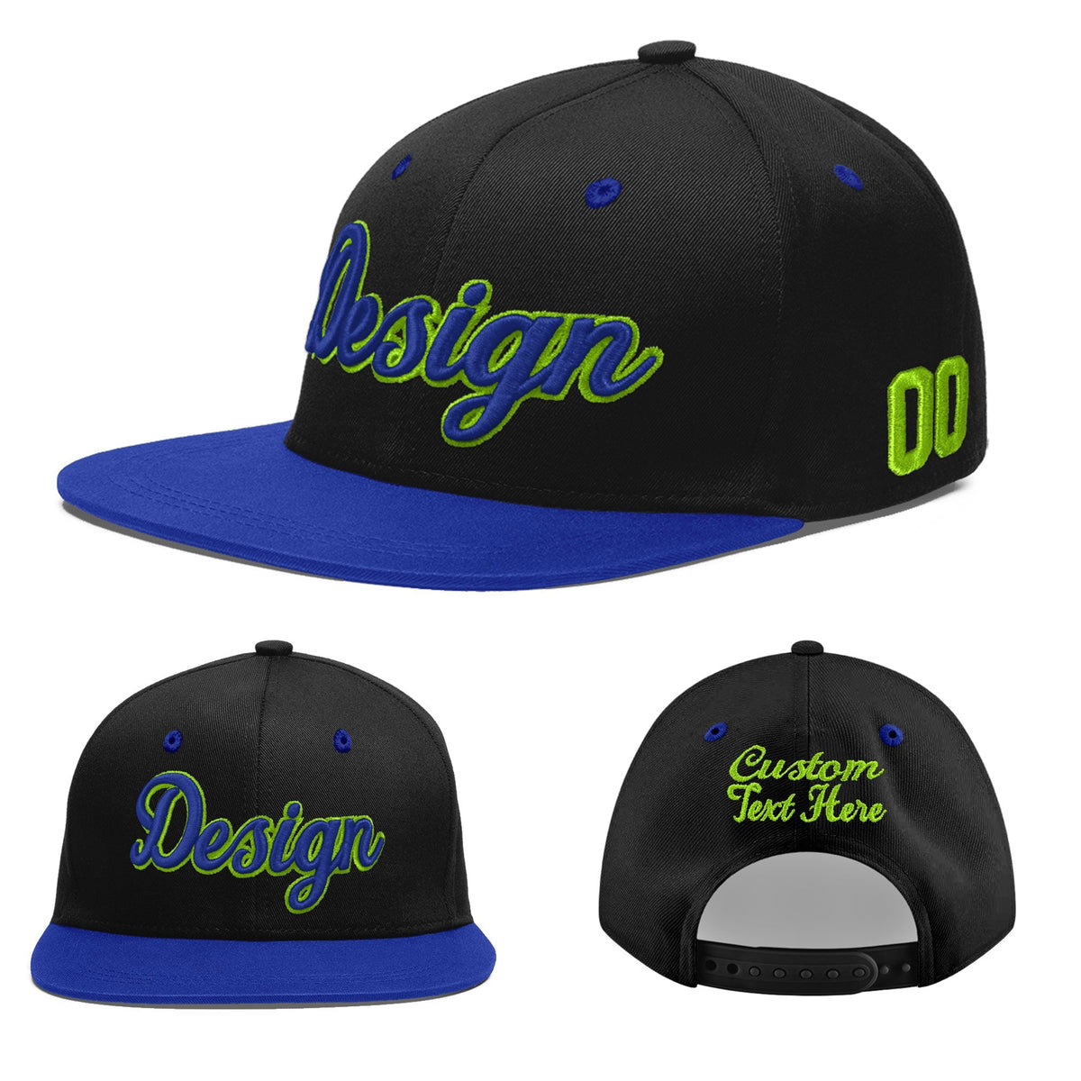 Custom Black Royal Blue 3D Puff Embroidery Flat Embroidery Casual Sport Baseball Cap