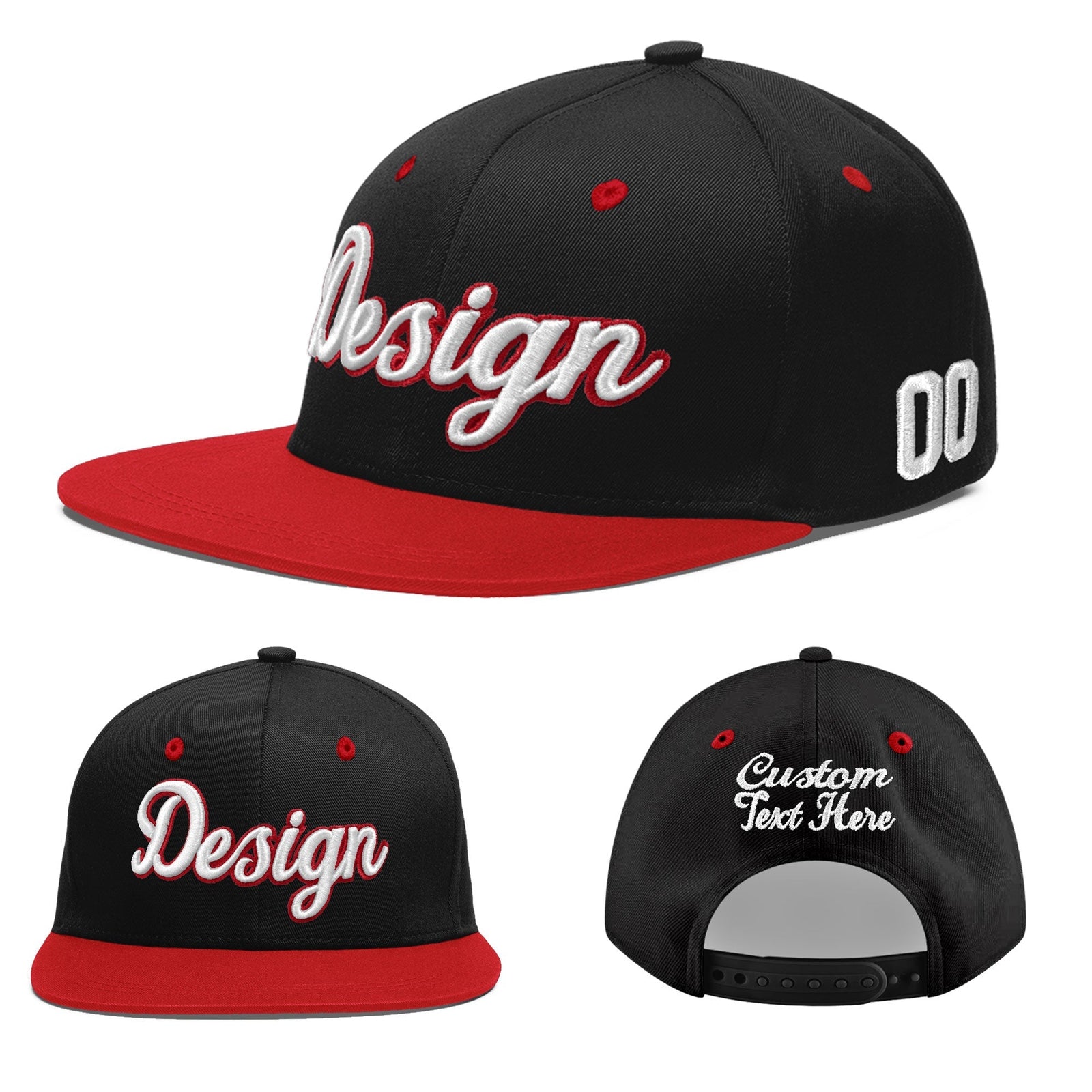 Custom Black Red 3D Puff Embroidery Flat Embroidery Casual Sport Baseball Cap