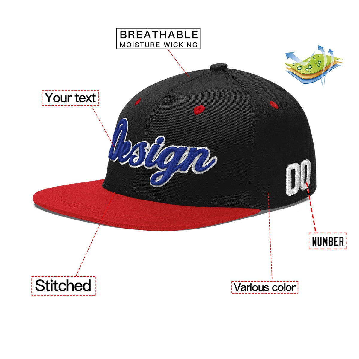 Custom Black Red 3D Puff Embroidery Flat Embroidery Casual Sport Baseball Cap