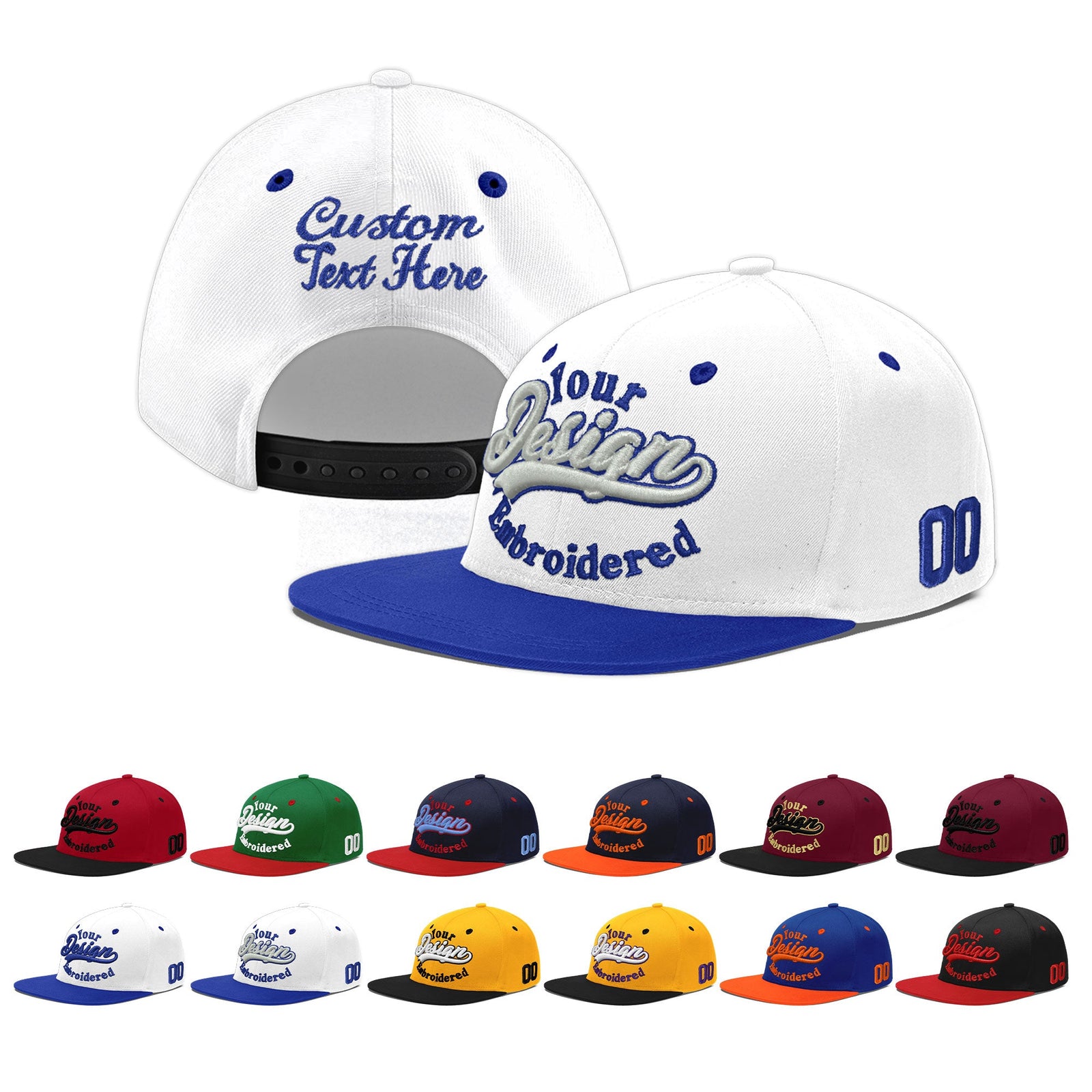 Custom White Royal Blue 3D Puff Embroidery Flat Embroidery Casual Sport Baseball Cap