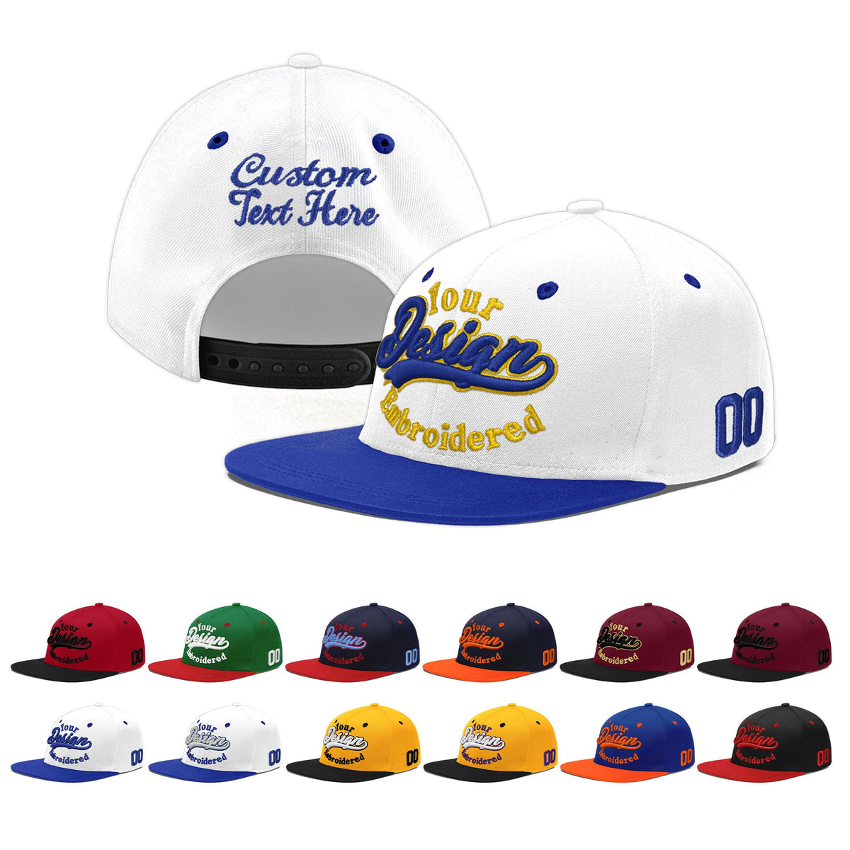 Custom White Royal Blue 3D Puff Embroidery Flat Embroidery Casual Sport Baseball Cap