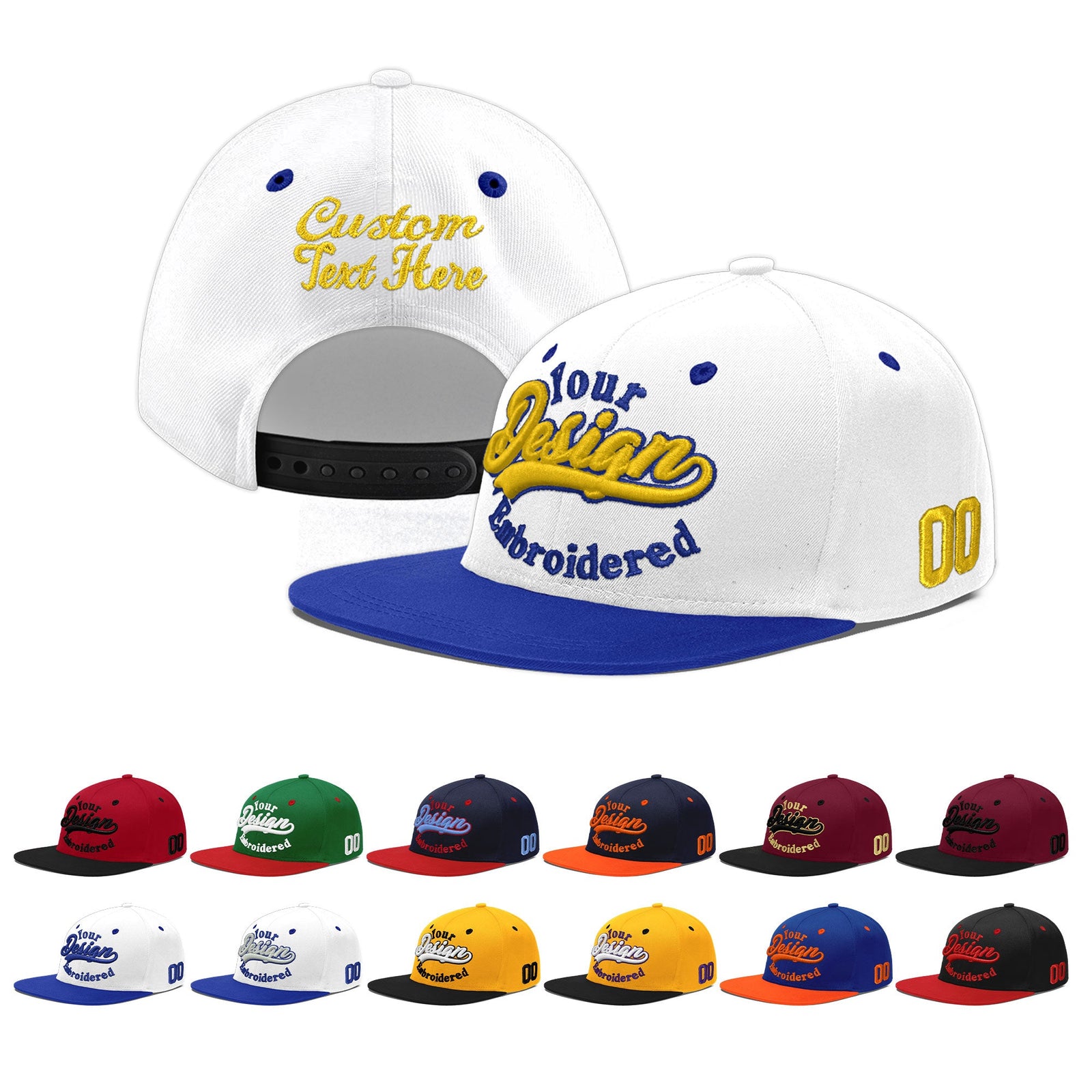 Custom White Royal Blue 3D Puff Embroidery Flat Embroidery Casual Sport Baseball Cap