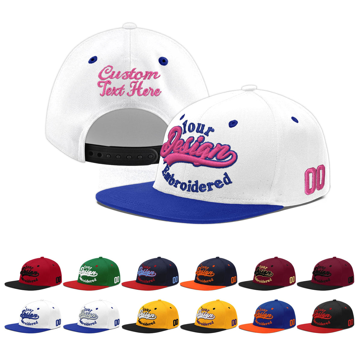 Custom White Royal Blue 3D Puff Embroidery Flat Embroidery Casual Sport Baseball Cap