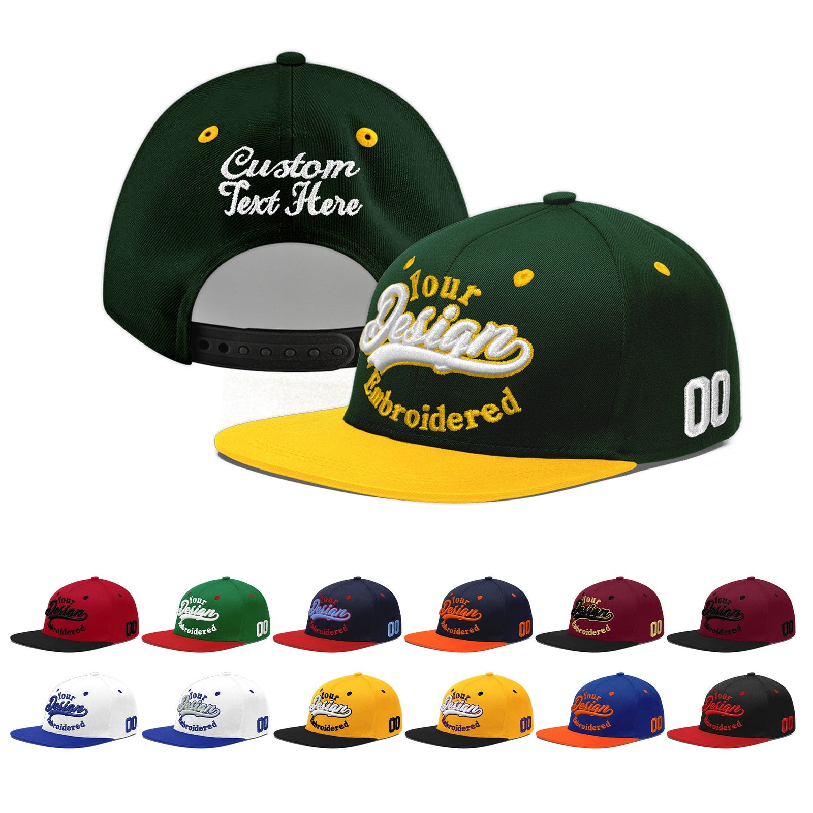 Custom Green Gold 3D Puff Embroidery Flat Embroidery Casual Sport Baseball Cap