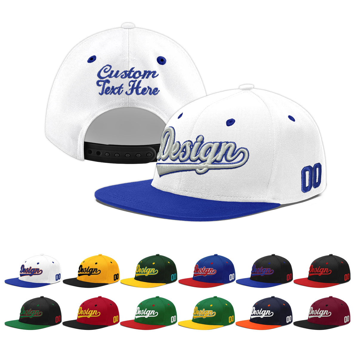 Custom White Royal Blue 3D Puff Embroidery Flat Embroidery Casual Sport Baseball Cap