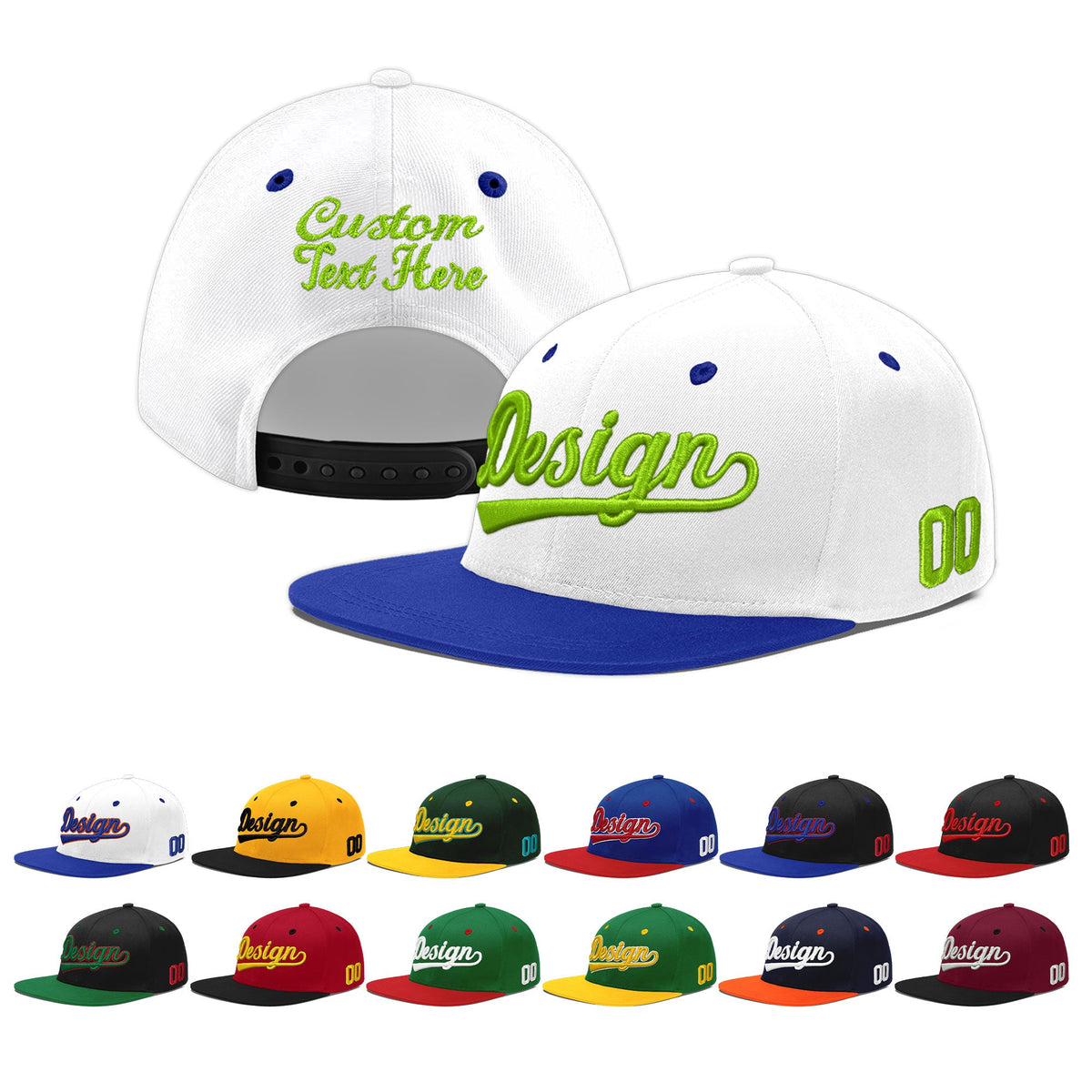 Custom White Royal Blue 3D Puff Embroidery Flat Embroidery Casual Sport Baseball Cap