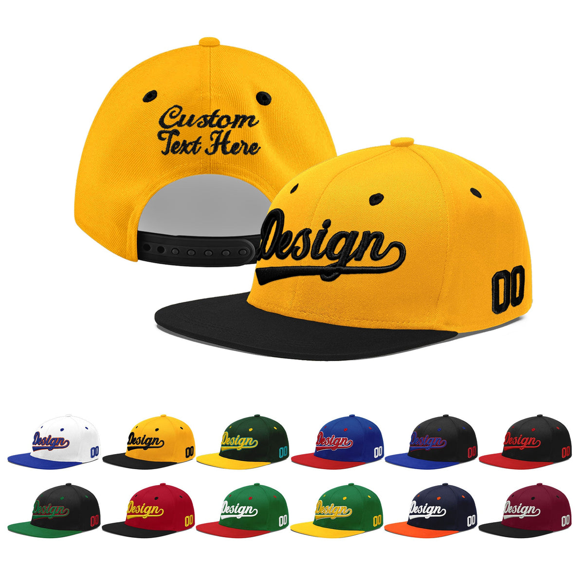 Custom Gold Black 3D Puff Embroidery Flat Embroidery Casual Sport Baseball Cap