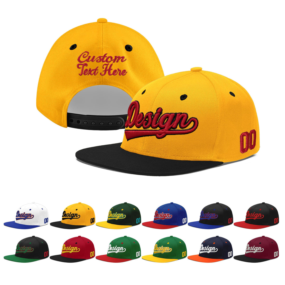 Custom Gold Black 3D Puff Embroidery Flat Embroidery Casual Sport Baseball Cap