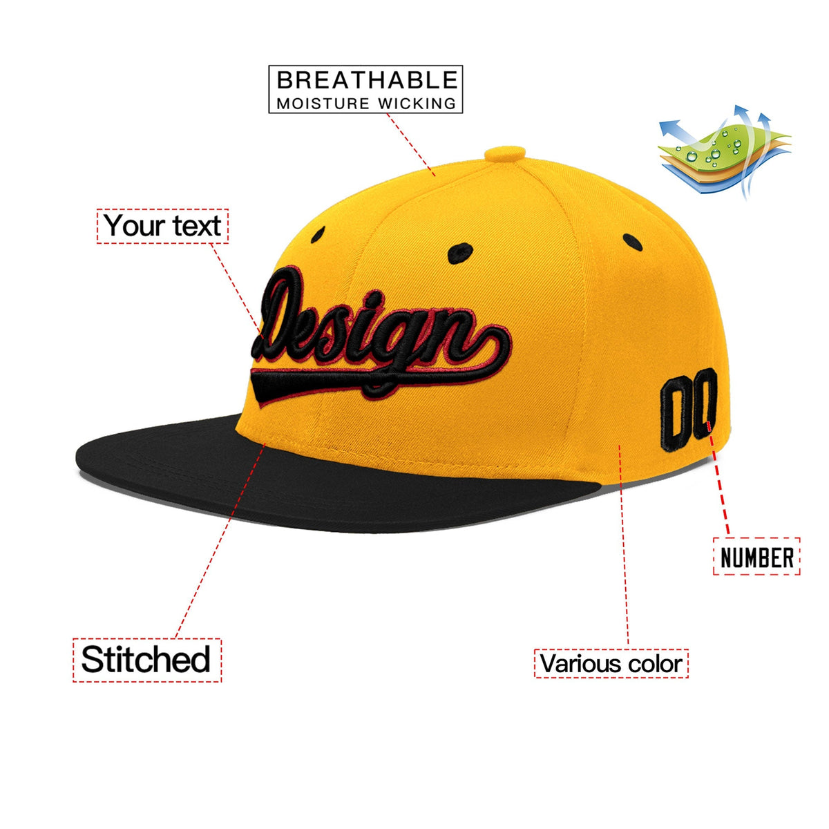 Custom Gold Black 3D Puff Embroidery Flat Embroidery Casual Sport Baseball Cap