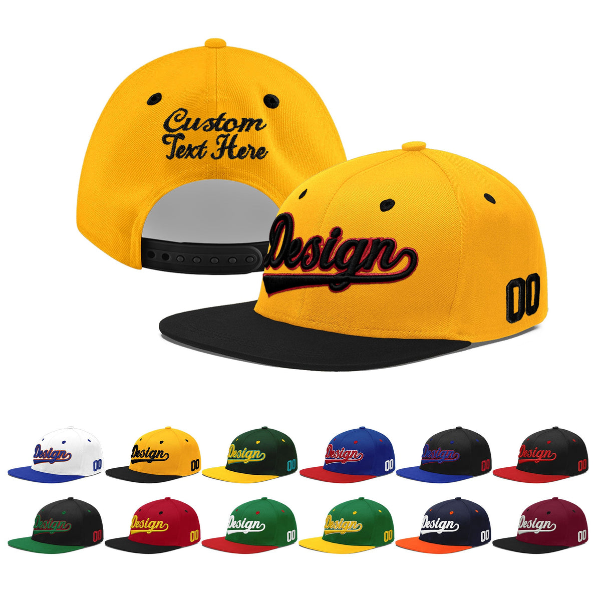 Custom Gold Black 3D Puff Embroidery Flat Embroidery Casual Sport Baseball Cap