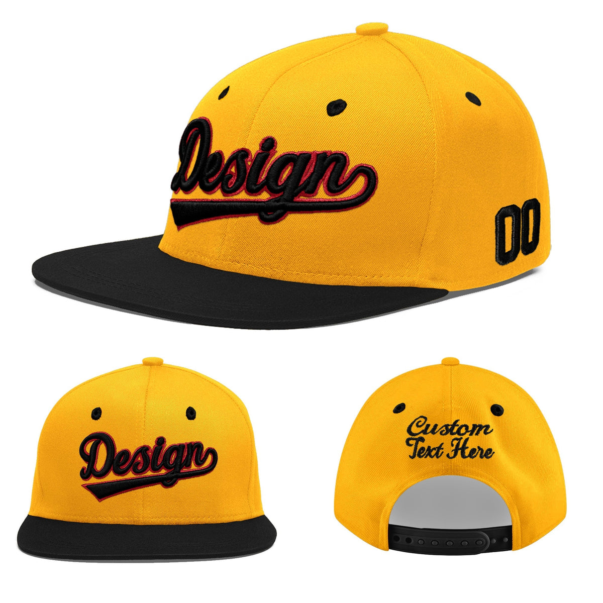 Custom Gold Black 3D Puff Embroidery Flat Embroidery Casual Sport Baseball Cap