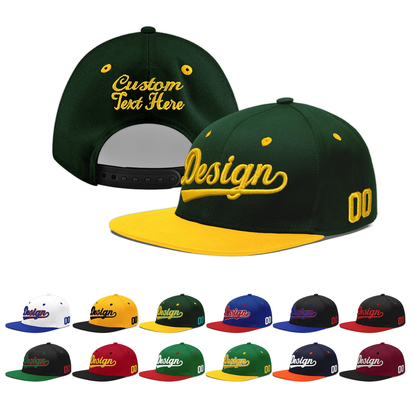 Custom Green Gold 3D Puff Embroidery Flat Embroidery Casual Sport Baseball Cap