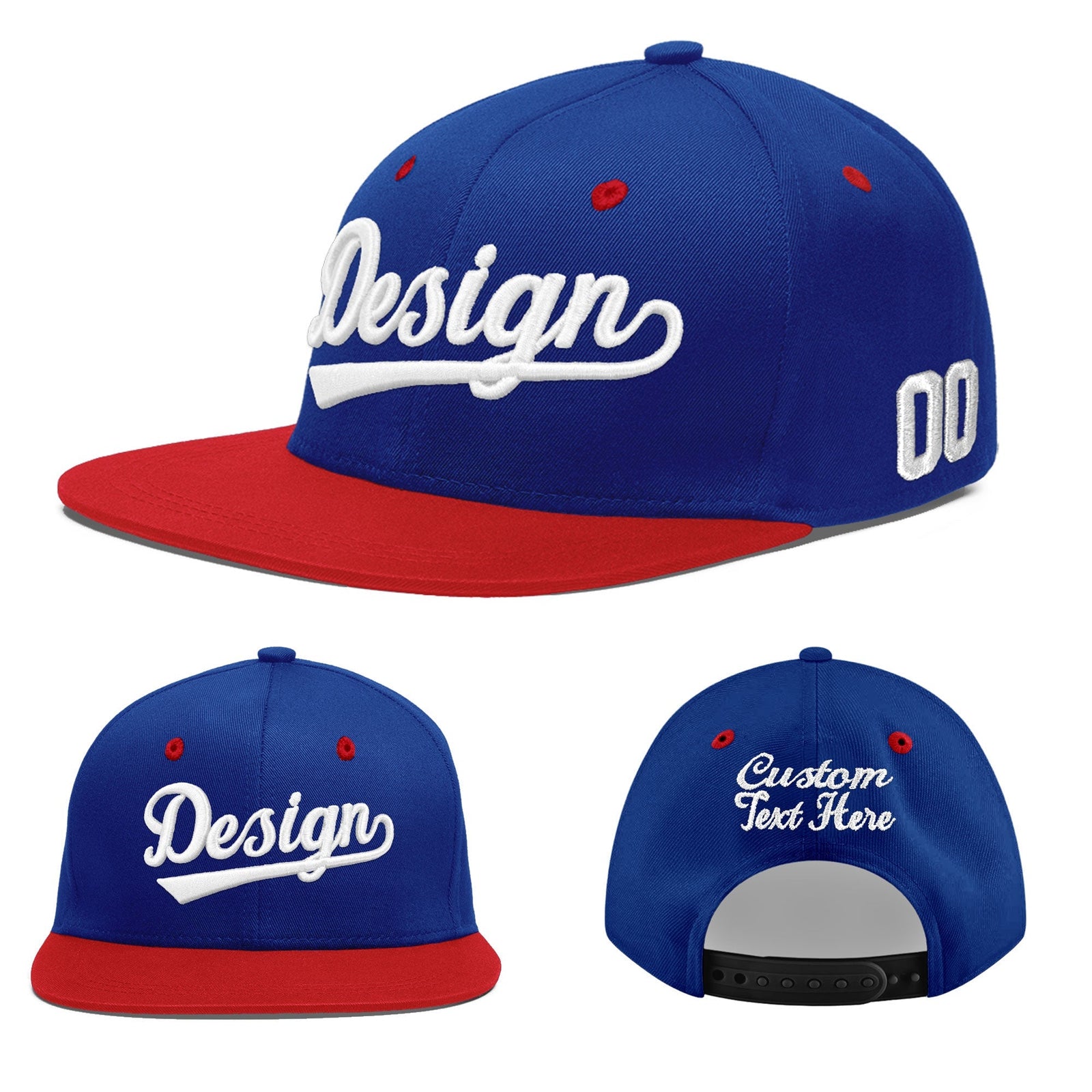 Custom Royal Blue Red 3D Puff Embroidery Flat Embroidery Casual Sport Baseball Cap
