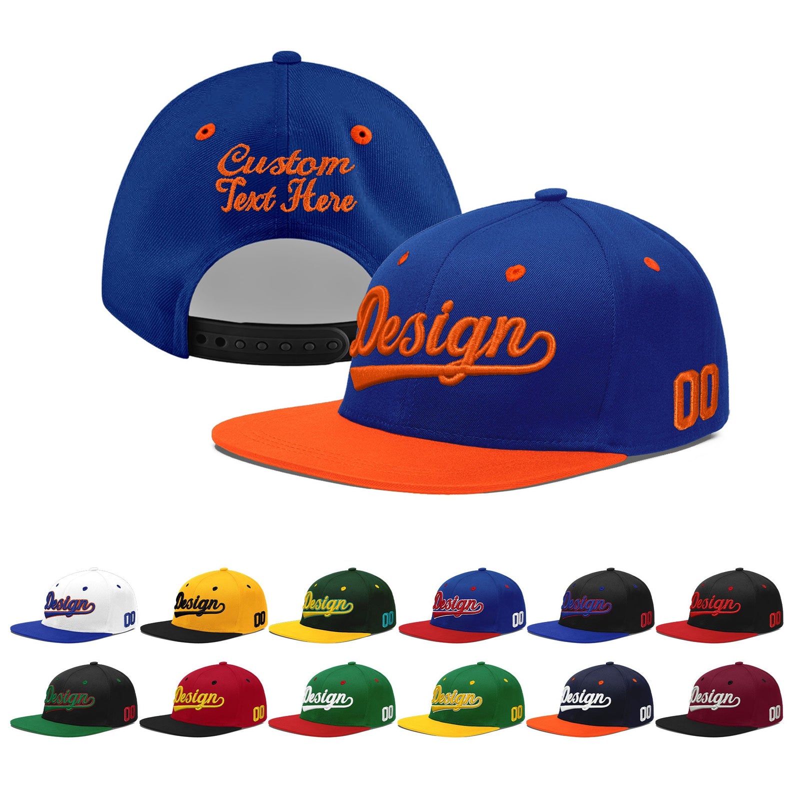 Custom Royal Blue Orange 3D Puff Embroidery Flat Embroidery Casual Sport Baseball Cap