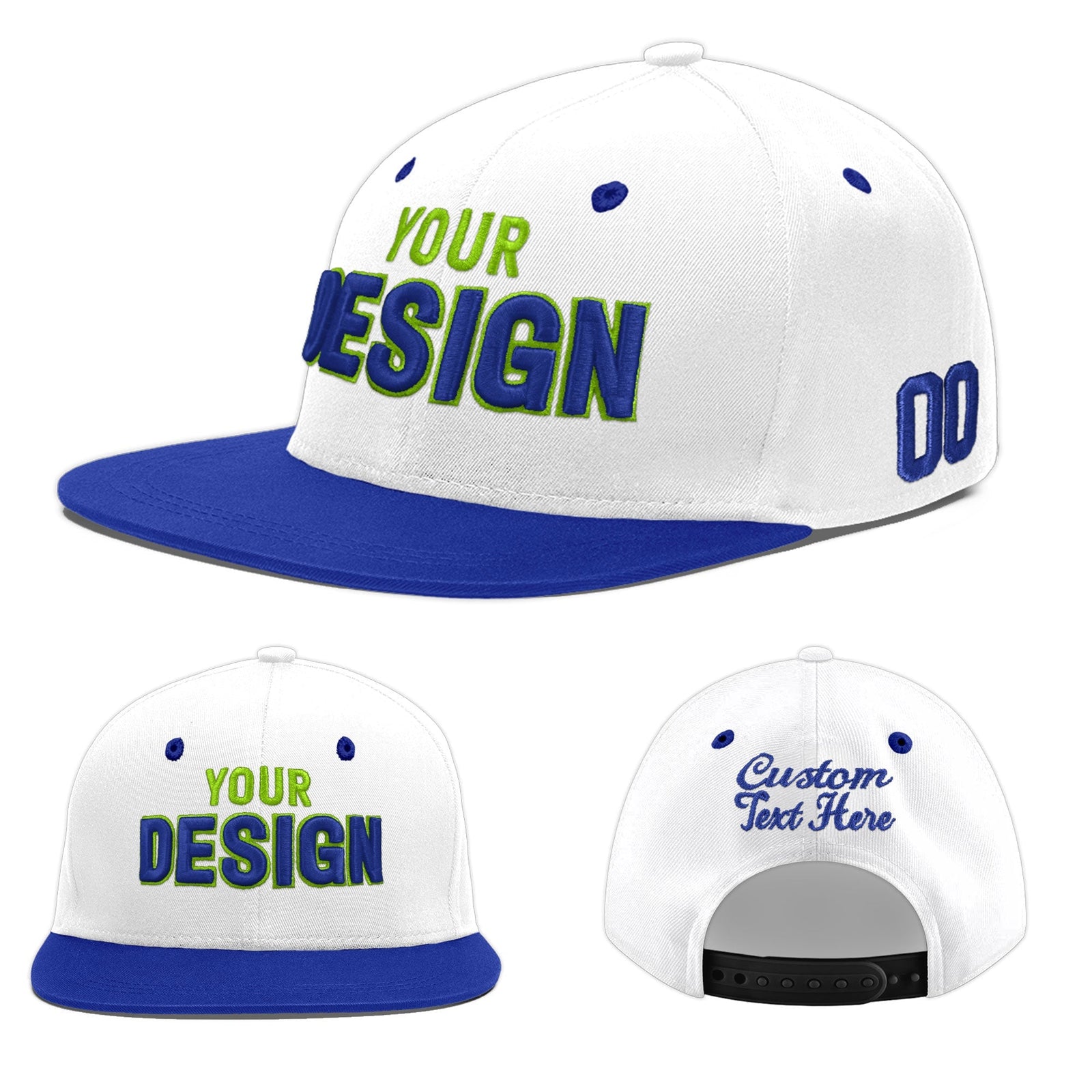 Custom White Royal Blue 3D Puff Embroidery Flat Embroidery Casual Sport Baseball Cap