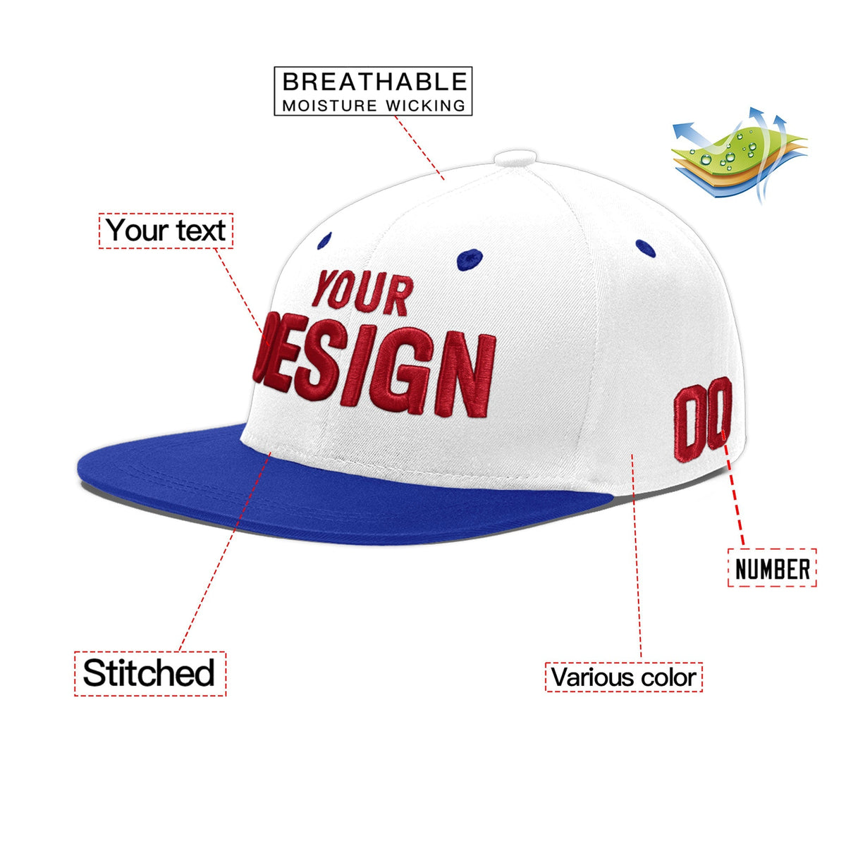 Custom White Royal Blue 3D Puff Embroidery Flat Embroidery Casual Sport Baseball Cap