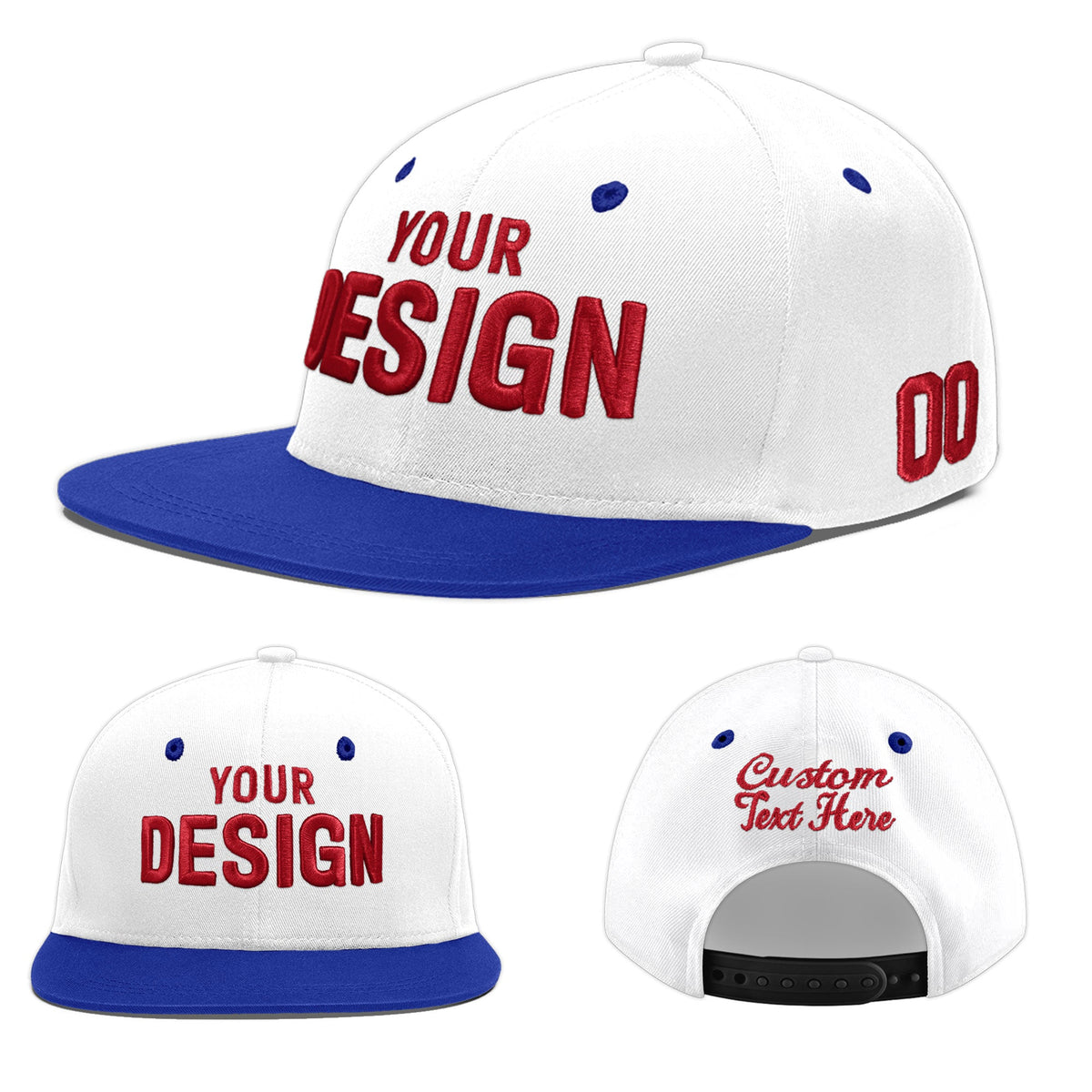 Custom White Royal Blue 3D Puff Embroidery Flat Embroidery Casual Sport Baseball Cap