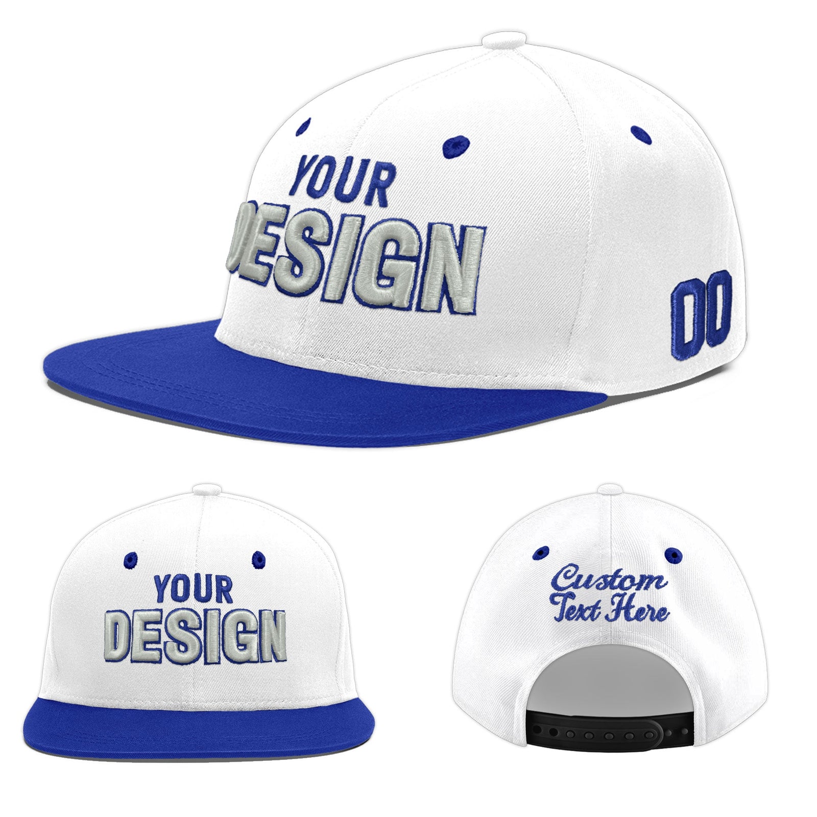 Custom White Royal Blue 3D Puff Embroidery Flat Embroidery Casual Sport Baseball Cap