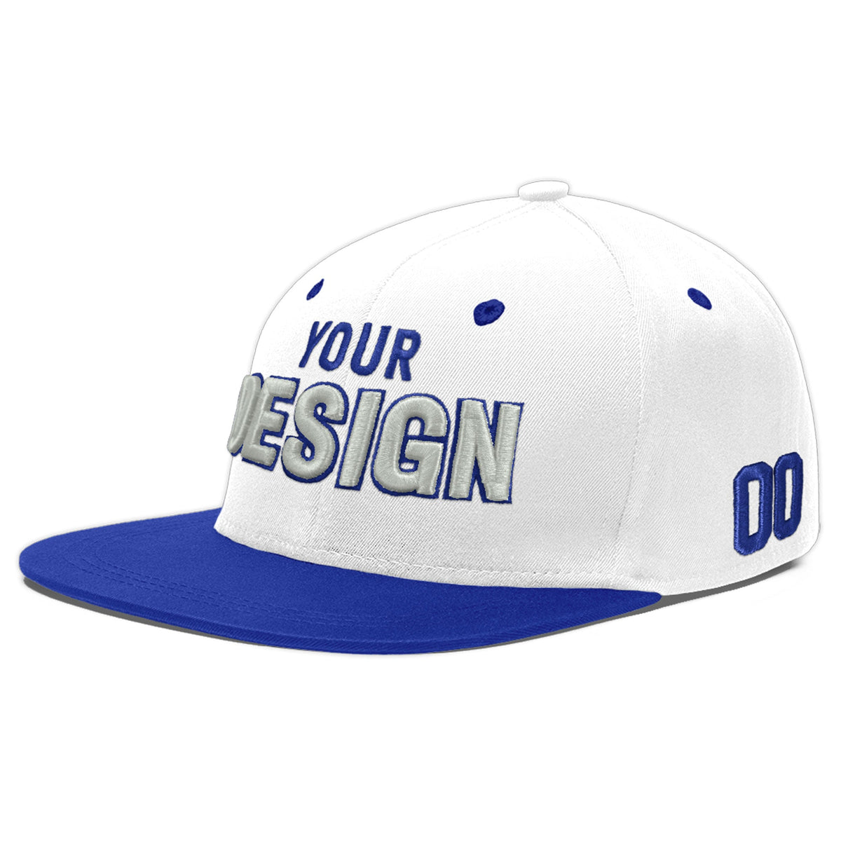 Custom White Royal Blue 3D Puff Embroidery Flat Embroidery Casual Sport Baseball Cap