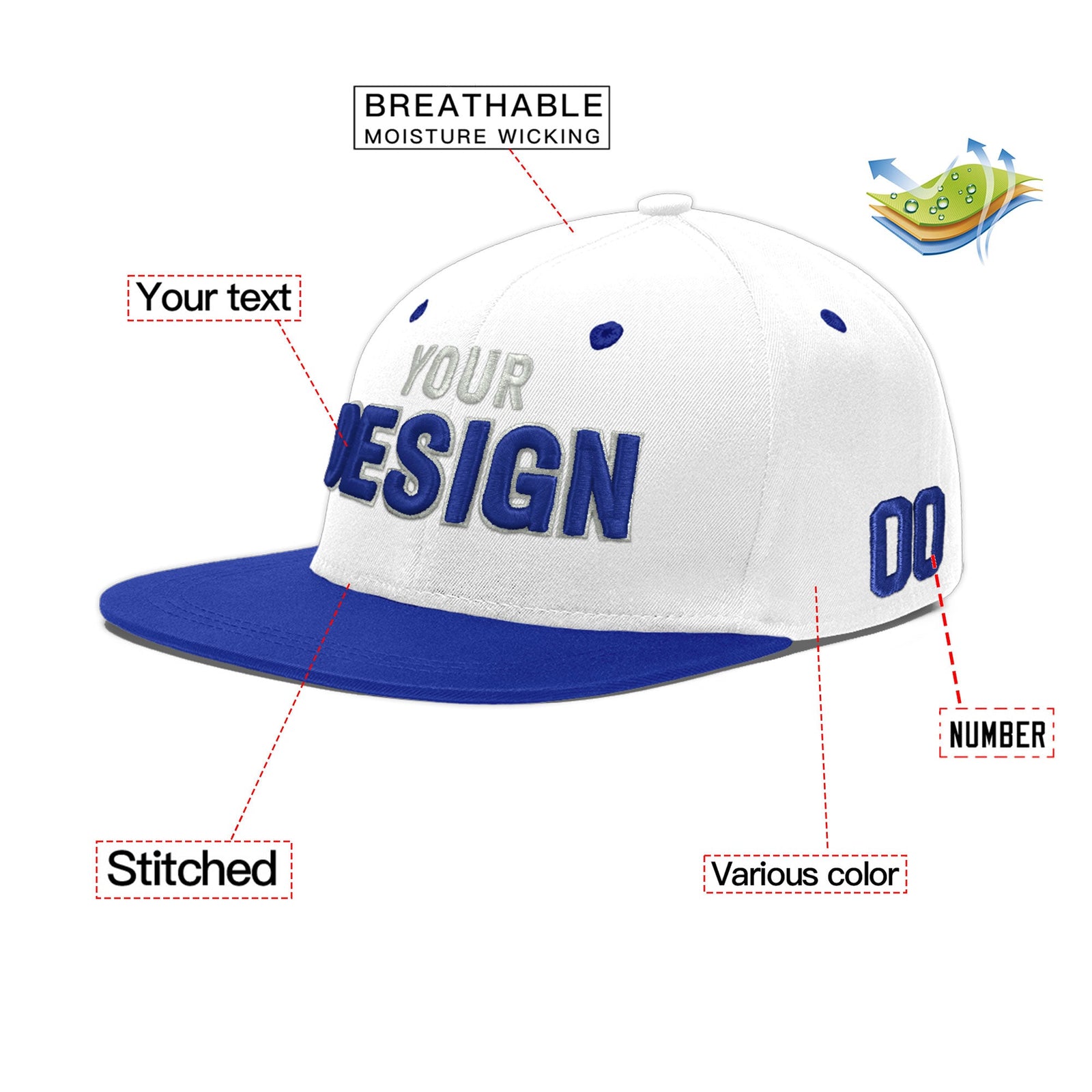 Custom White Royal Blue 3D Puff Embroidery Flat Embroidery Casual Sport Baseball Cap