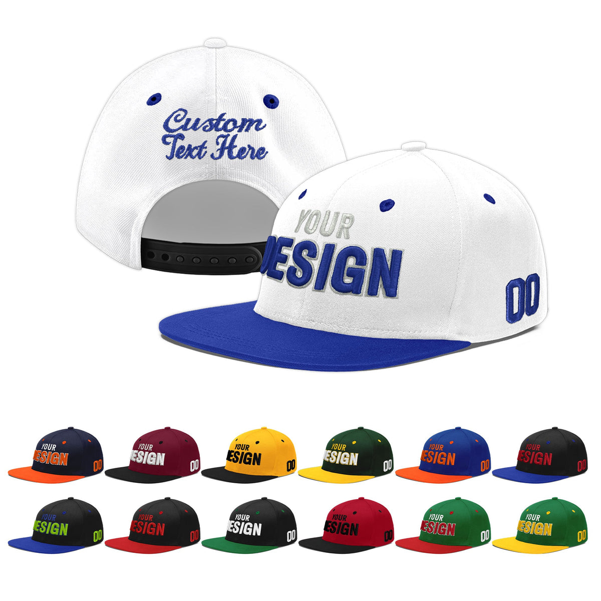 Custom White Royal Blue 3D Puff Embroidery Flat Embroidery Casual Sport Baseball Cap