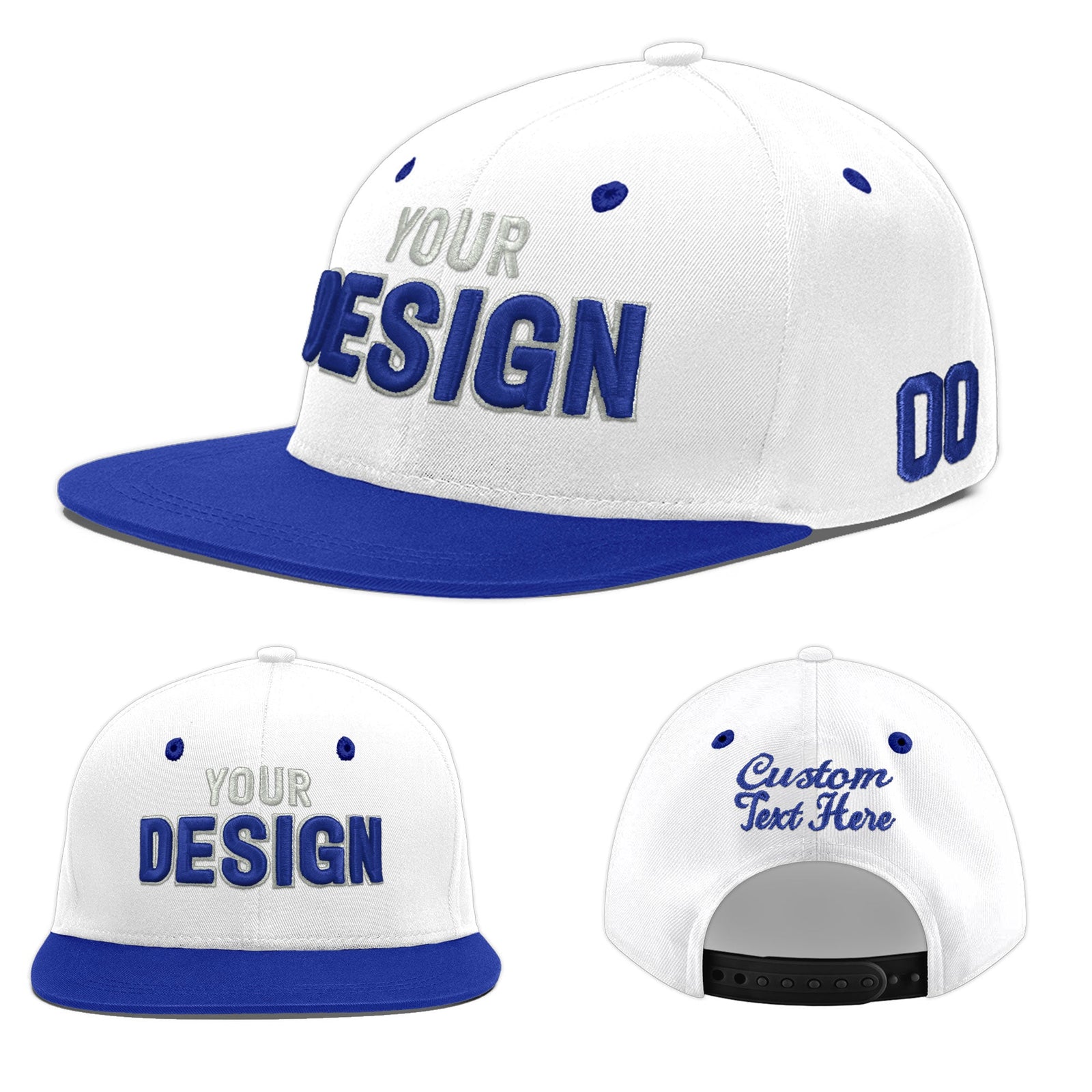 Custom White Royal Blue 3D Puff Embroidery Flat Embroidery Casual Sport Baseball Cap