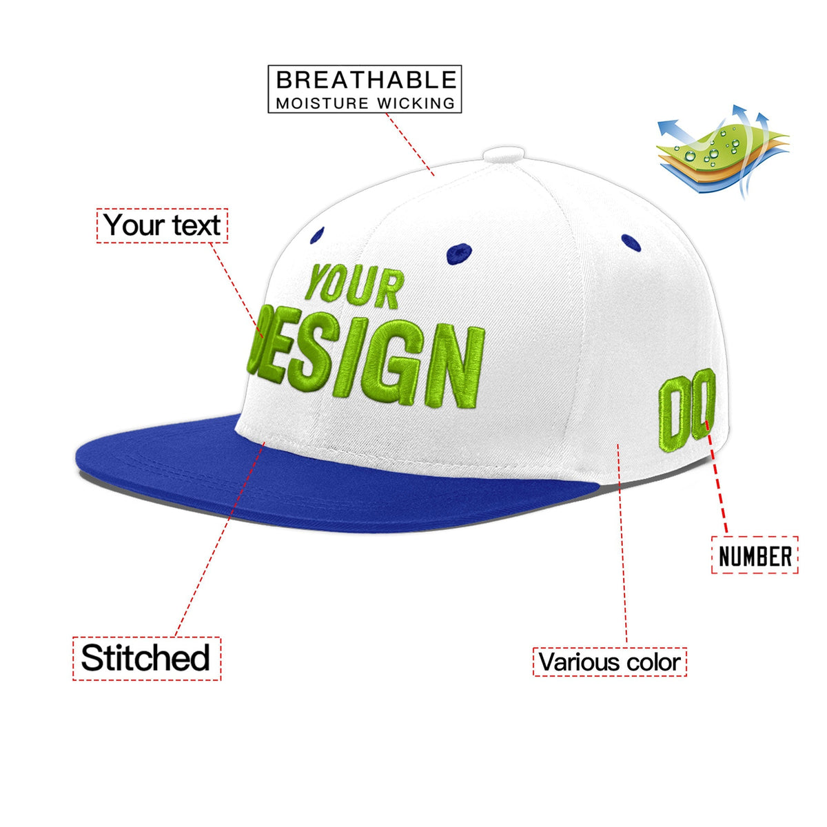 Custom White Royal Blue 3D Puff Embroidery Flat Embroidery Casual Sport Baseball Cap