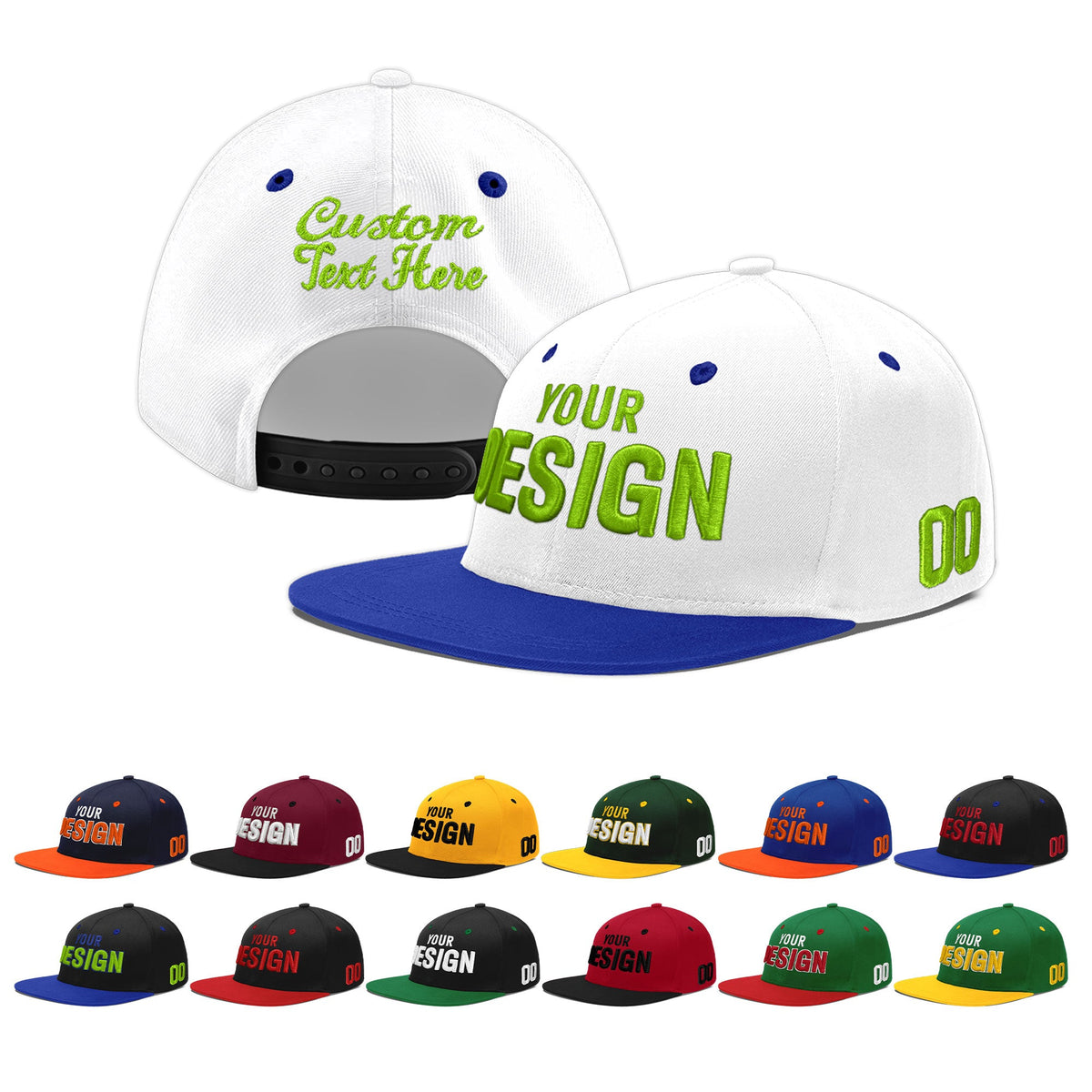 Custom White Royal Blue 3D Puff Embroidery Flat Embroidery Casual Sport Baseball Cap