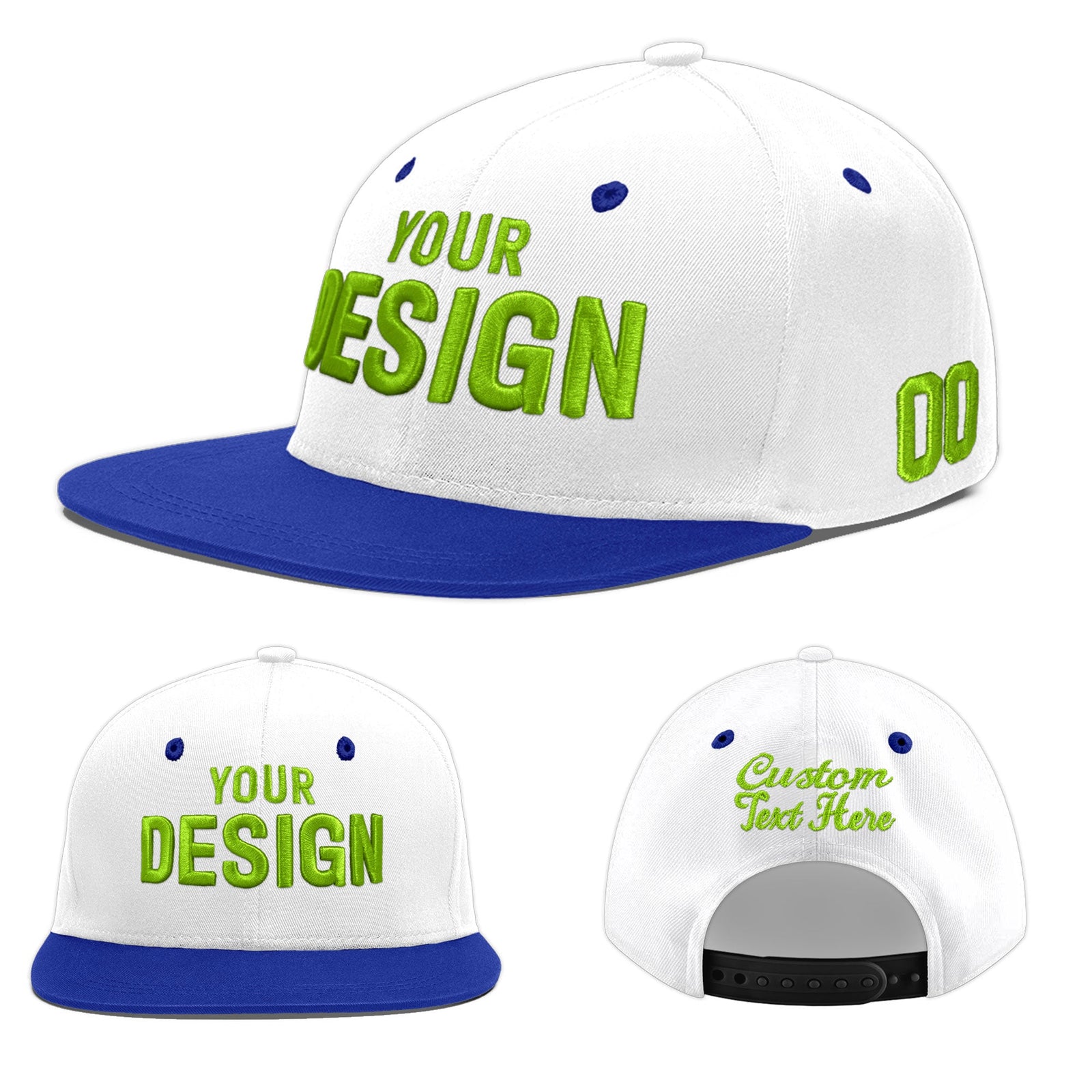 Custom White Royal Blue 3D Puff Embroidery Flat Embroidery Casual Sport Baseball Cap