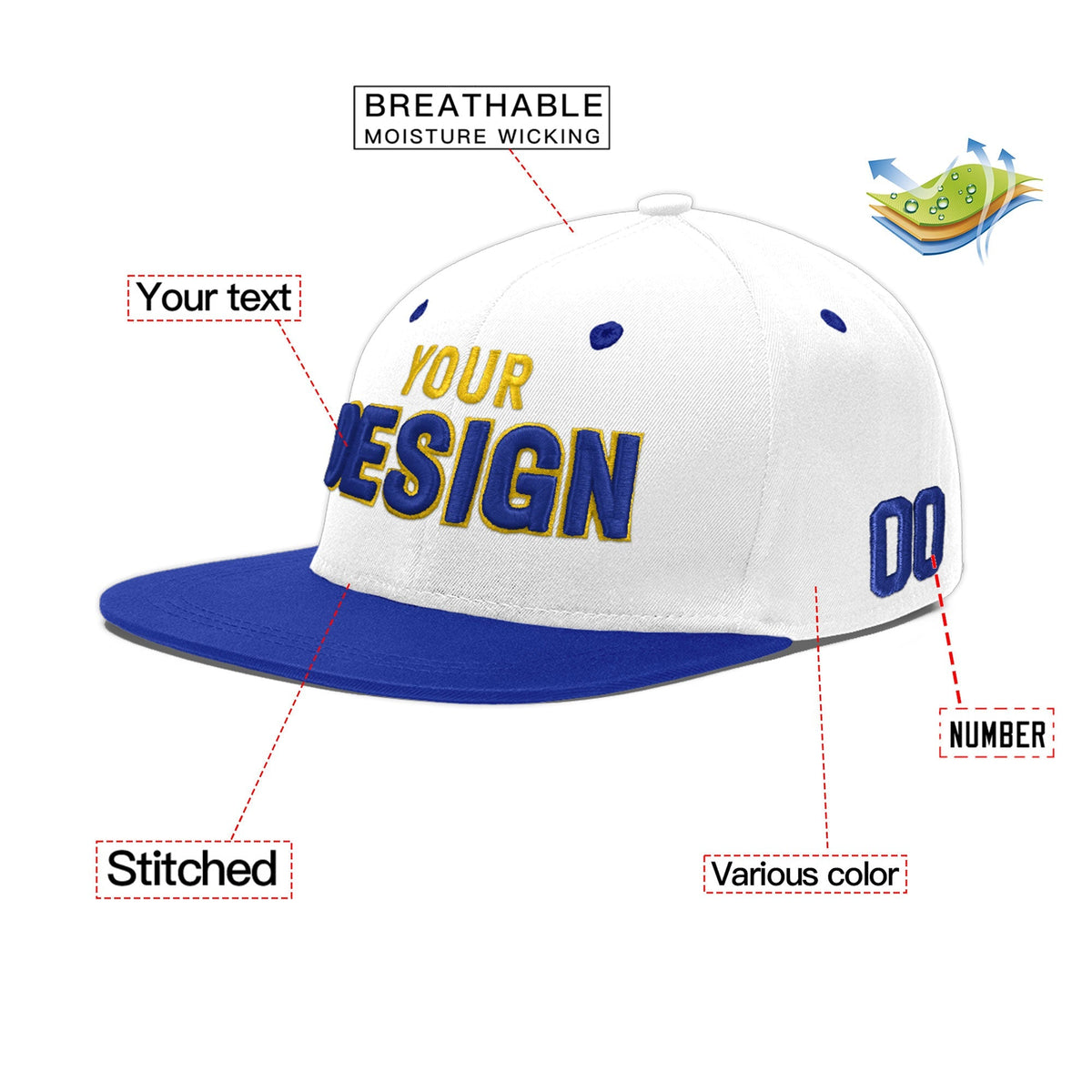 Custom White Royal Blue 3D Puff Embroidery Flat Embroidery Casual Sport Baseball Cap