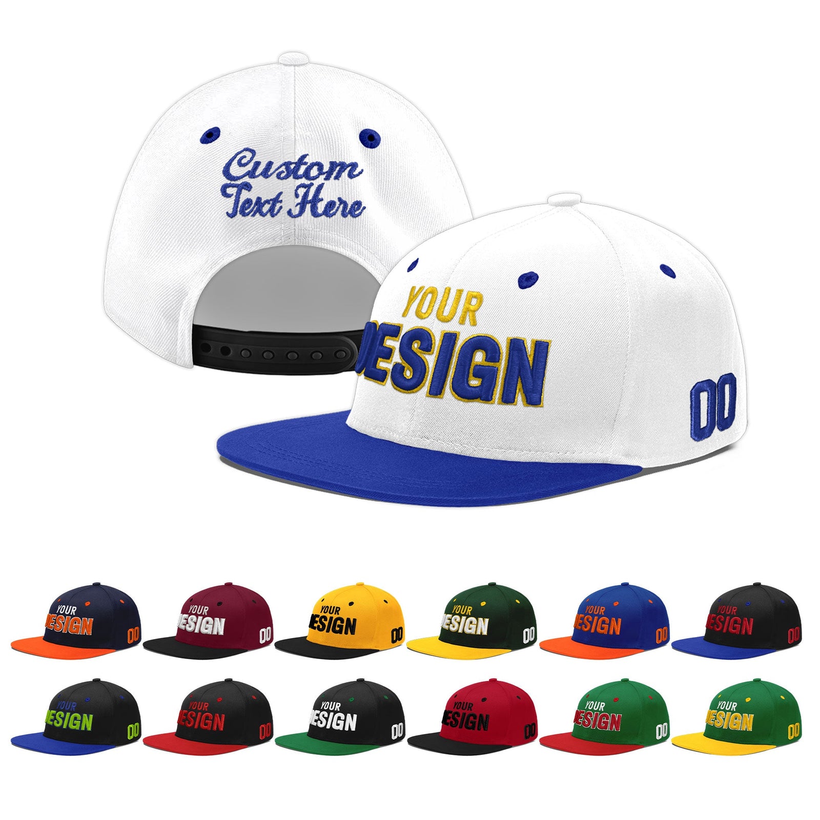 Custom White Royal Blue 3D Puff Embroidery Flat Embroidery Casual Sport Baseball Cap