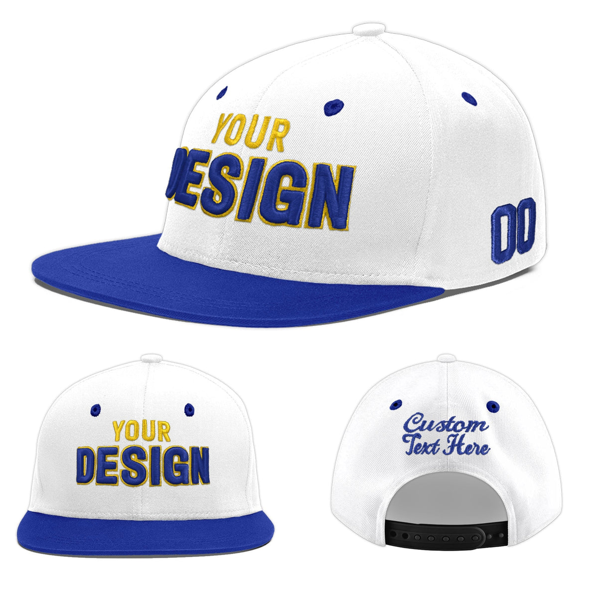 Custom White Royal Blue 3D Puff Embroidery Flat Embroidery Casual Sport Baseball Cap