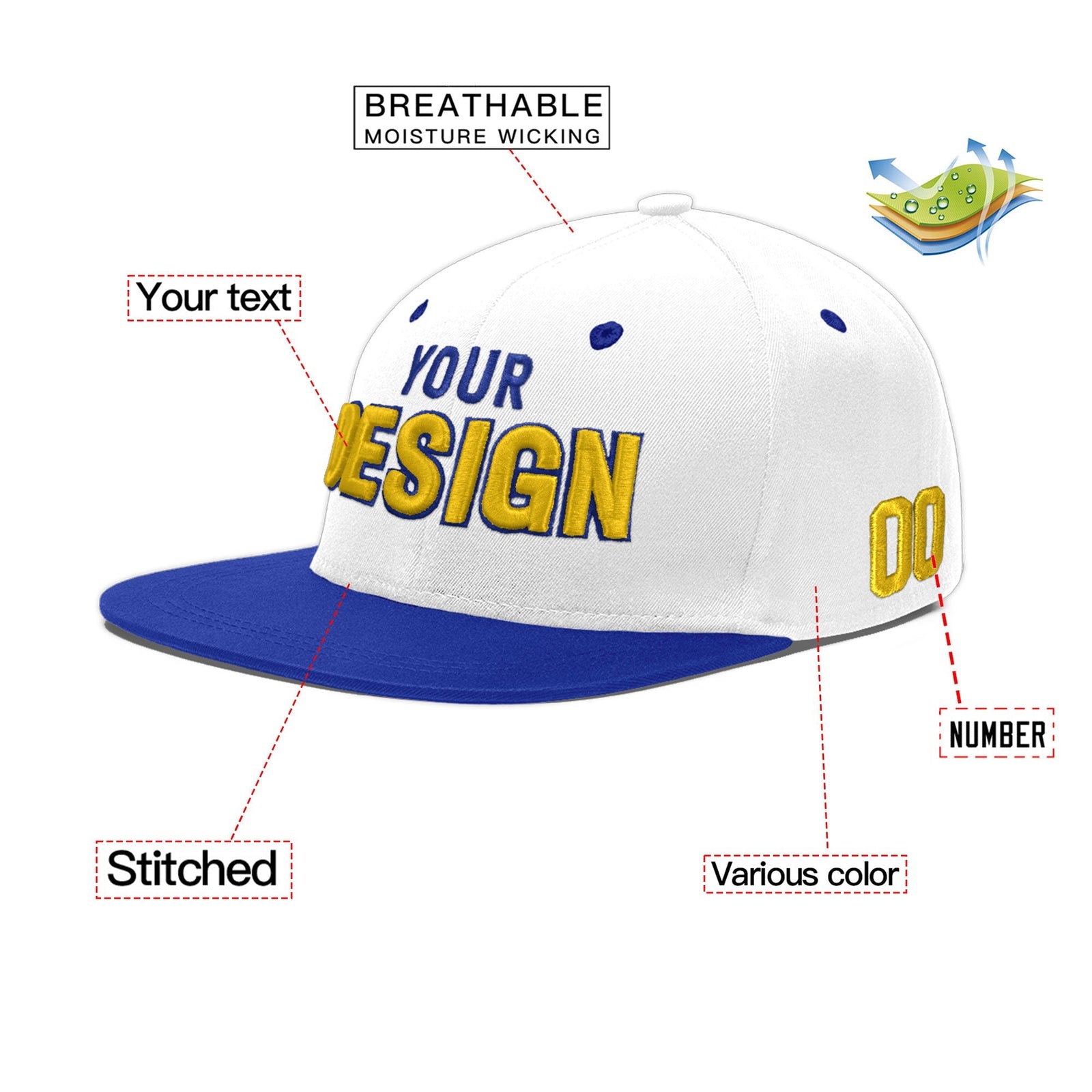 Custom White Royal Blue 3D Puff Embroidery Flat Embroidery Casual Sport Baseball Cap
