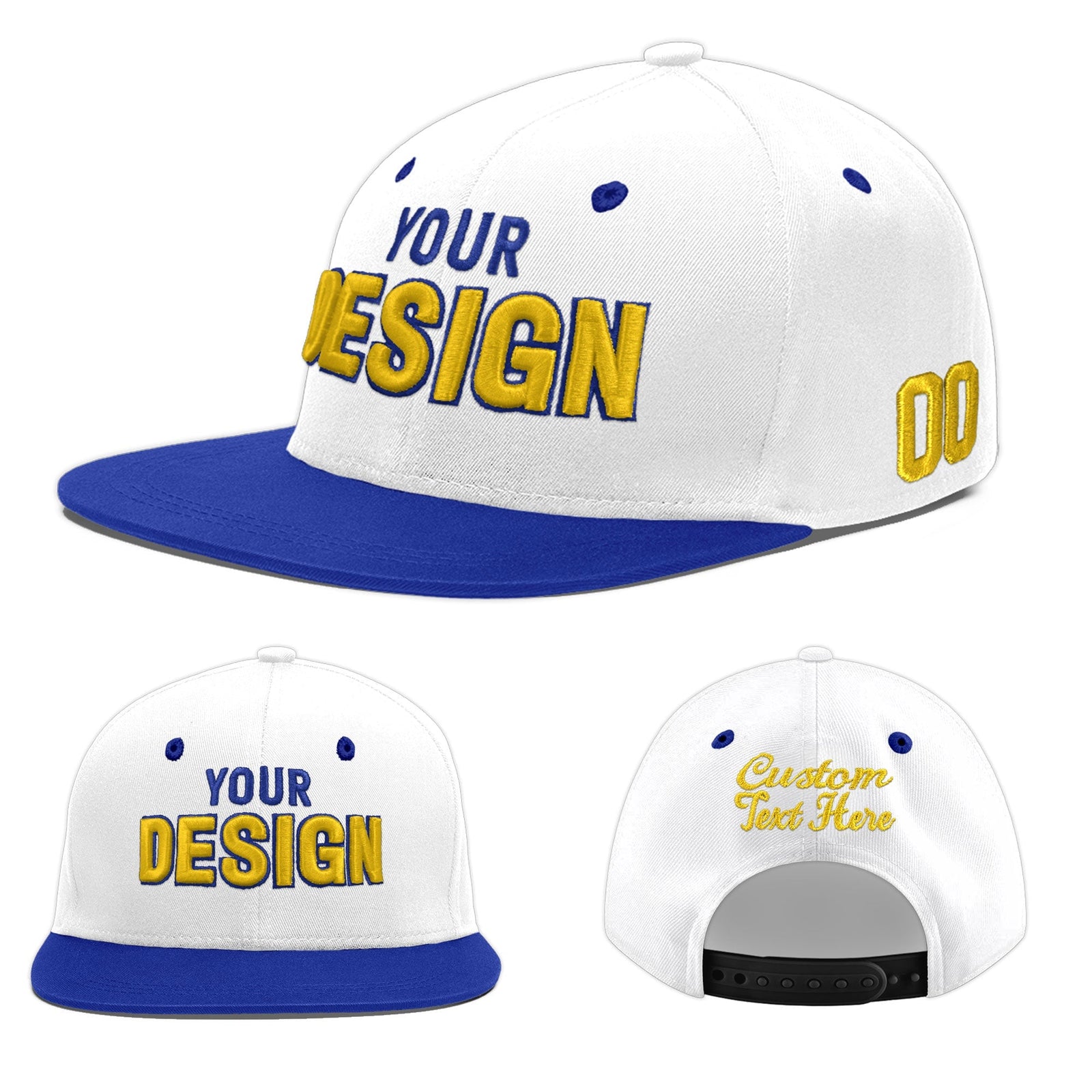 Custom White Royal Blue 3D Puff Embroidery Flat Embroidery Casual Sport Baseball Cap